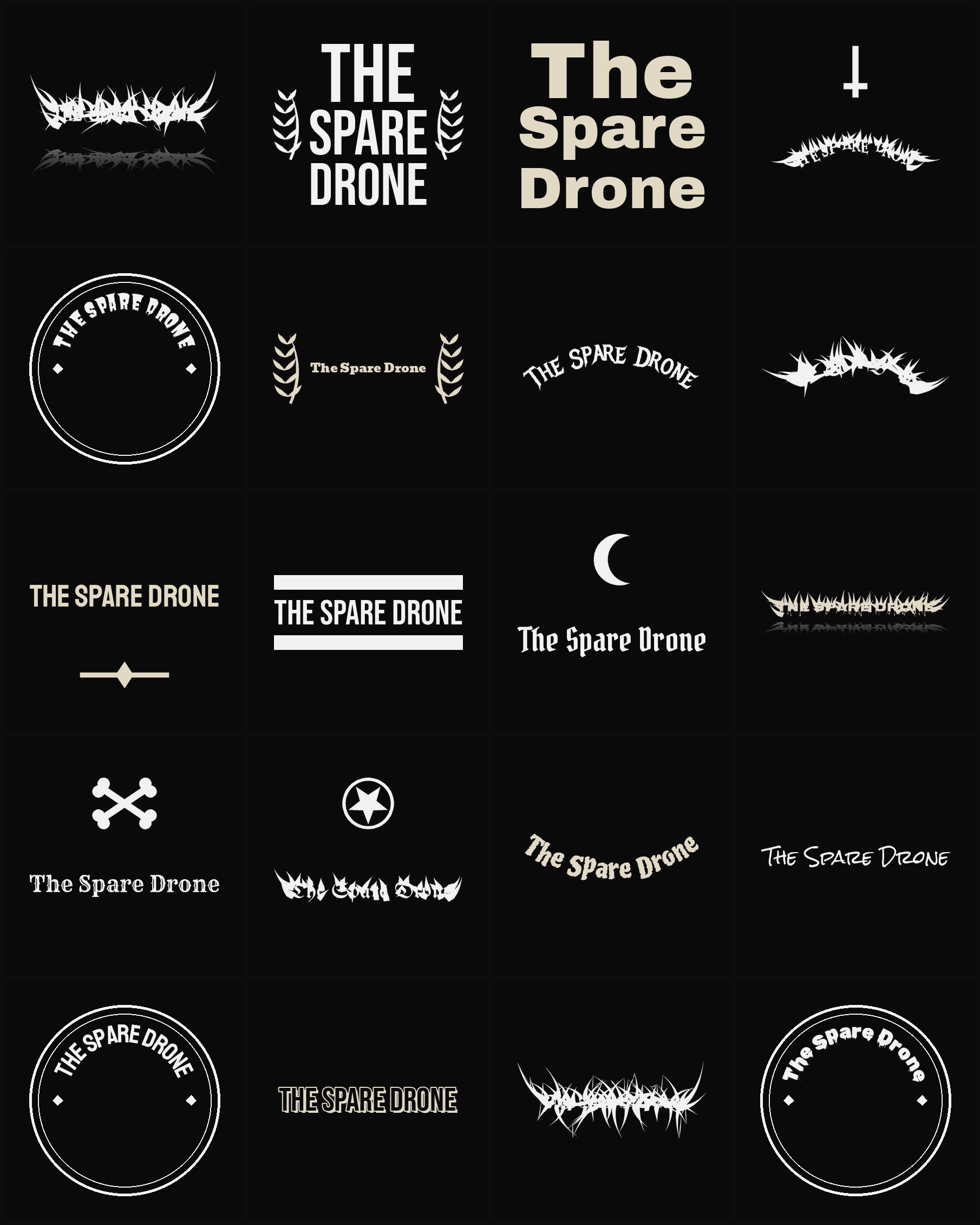 Twenty The Spare Drone band logo ideas — different faces, treatments and spike settings