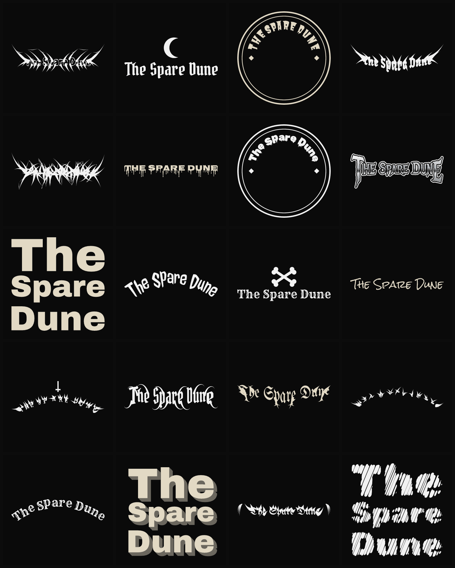 Twenty The Spare Dune band logo ideas — different faces, treatments and spike settings