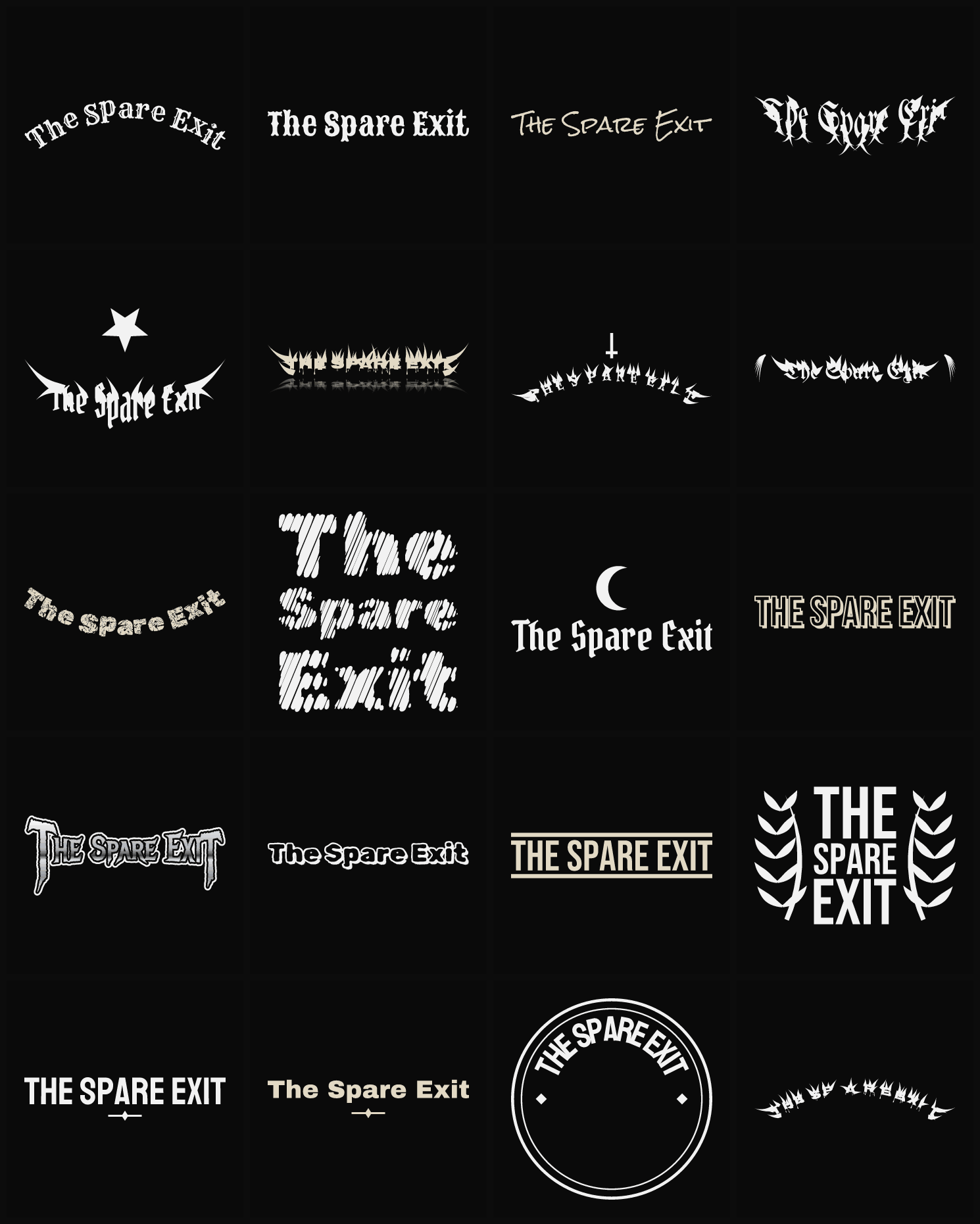 Twenty The Spare Exit band logo ideas — different faces, treatments and spike settings