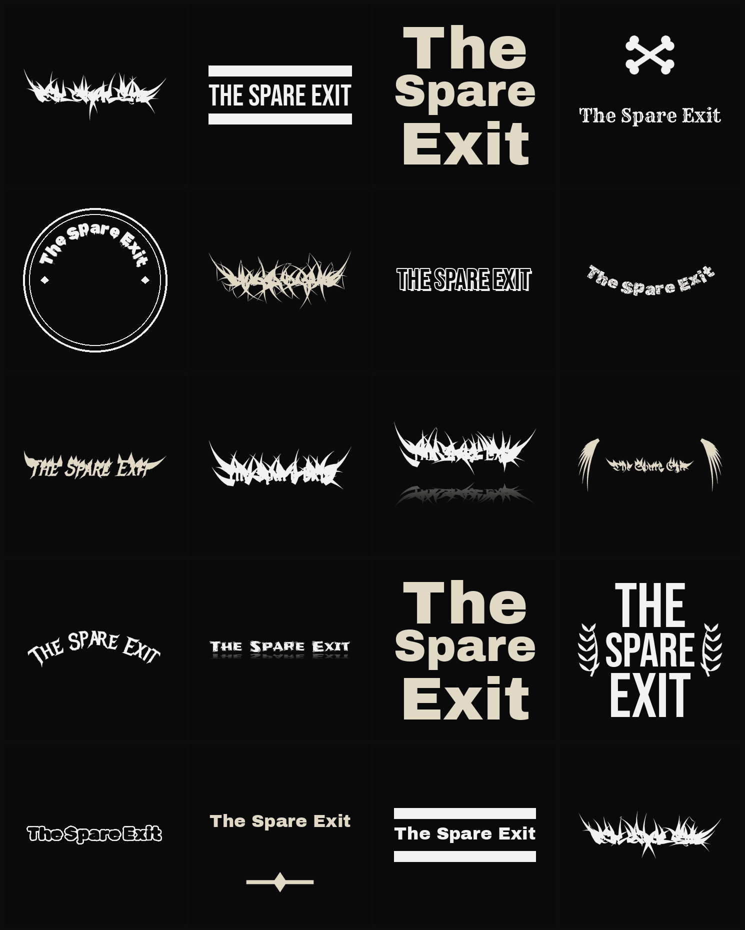 Twenty The Spare Exit band logo ideas — different faces, treatments and spike settings
