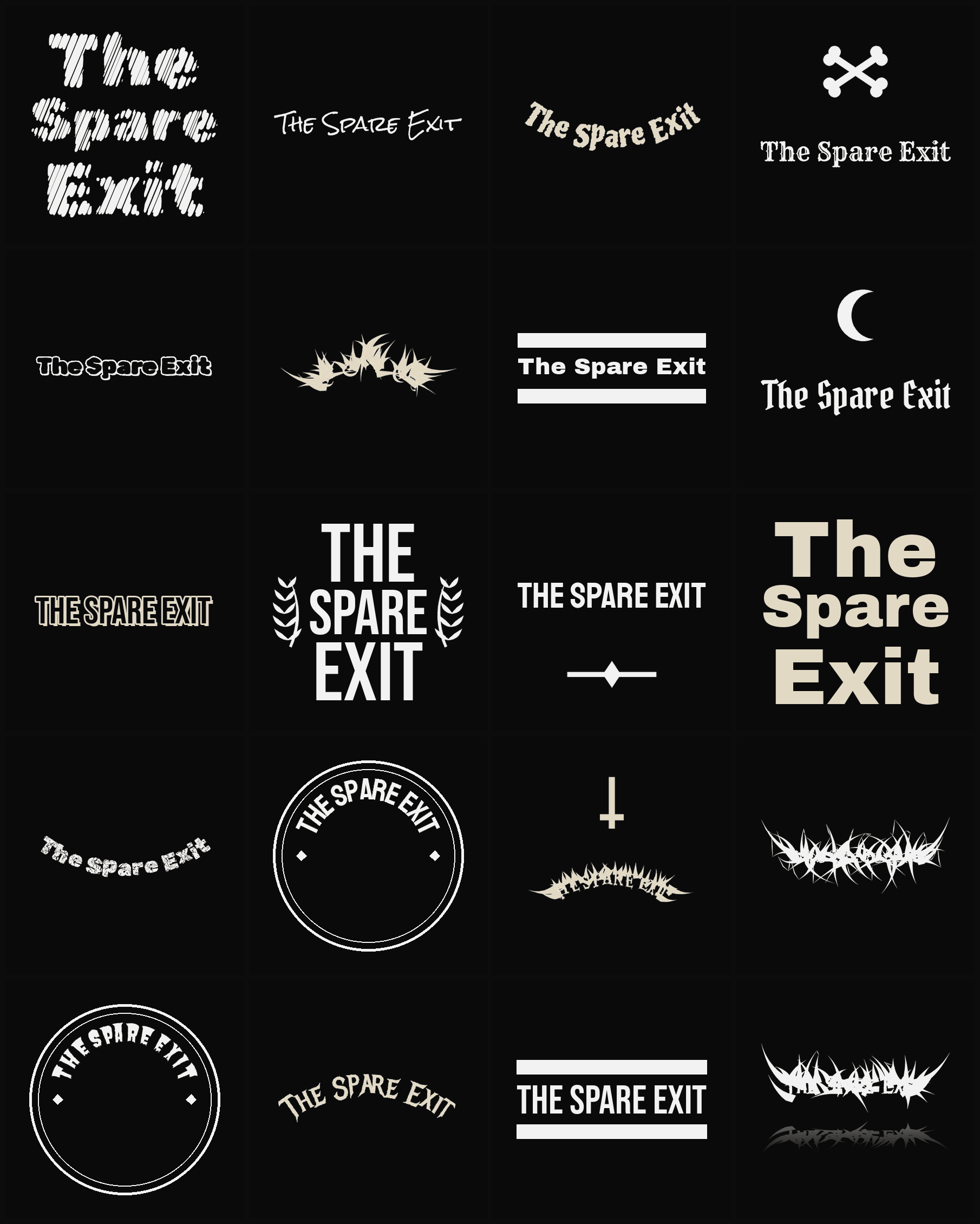 Twenty The Spare Exit band logo ideas — different faces, treatments and spike settings