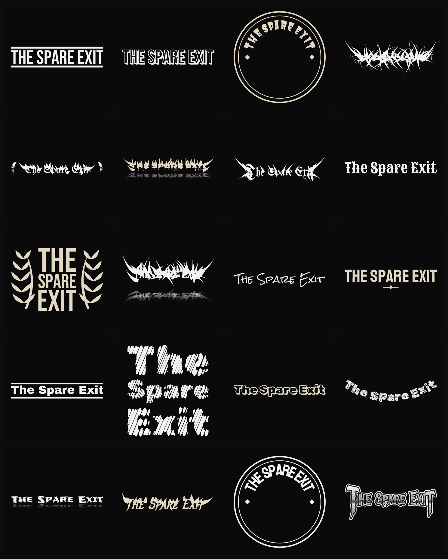 Twenty The Spare Exit band logo ideas — different faces, treatments and spike settings