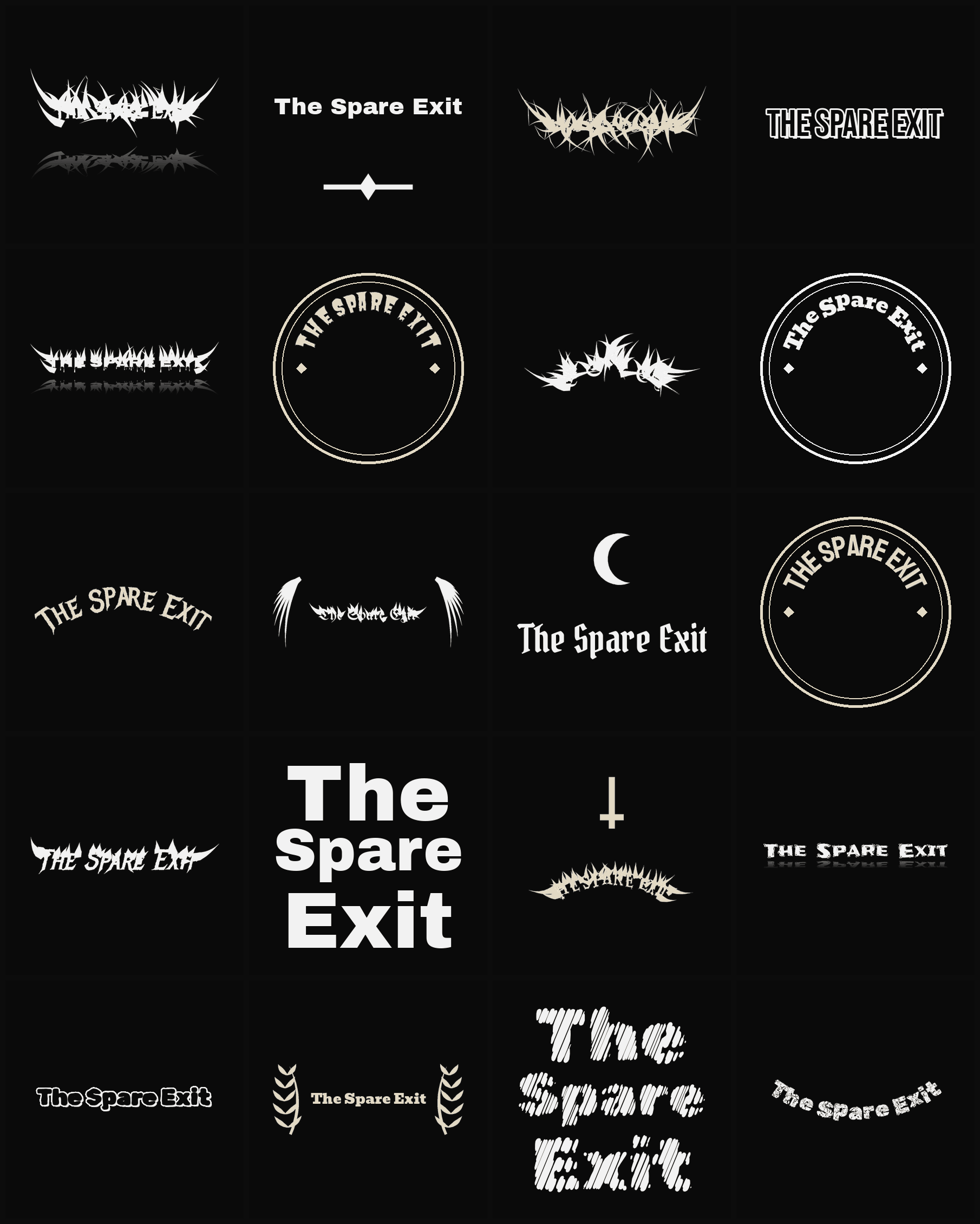 Twenty The Spare Exit band logo ideas — different faces, treatments and spike settings