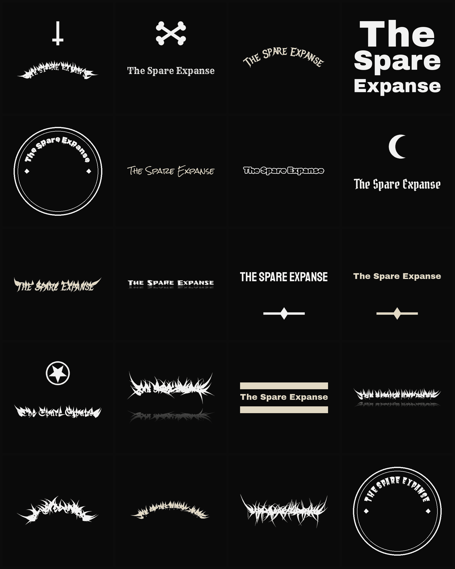 Twenty The Spare Expanse band logo ideas — different faces, treatments and spike settings