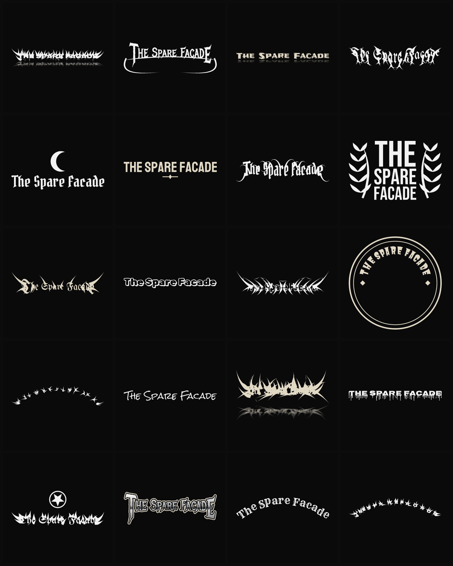 Twenty The Spare Facade band logo ideas — different faces, treatments and spike settings