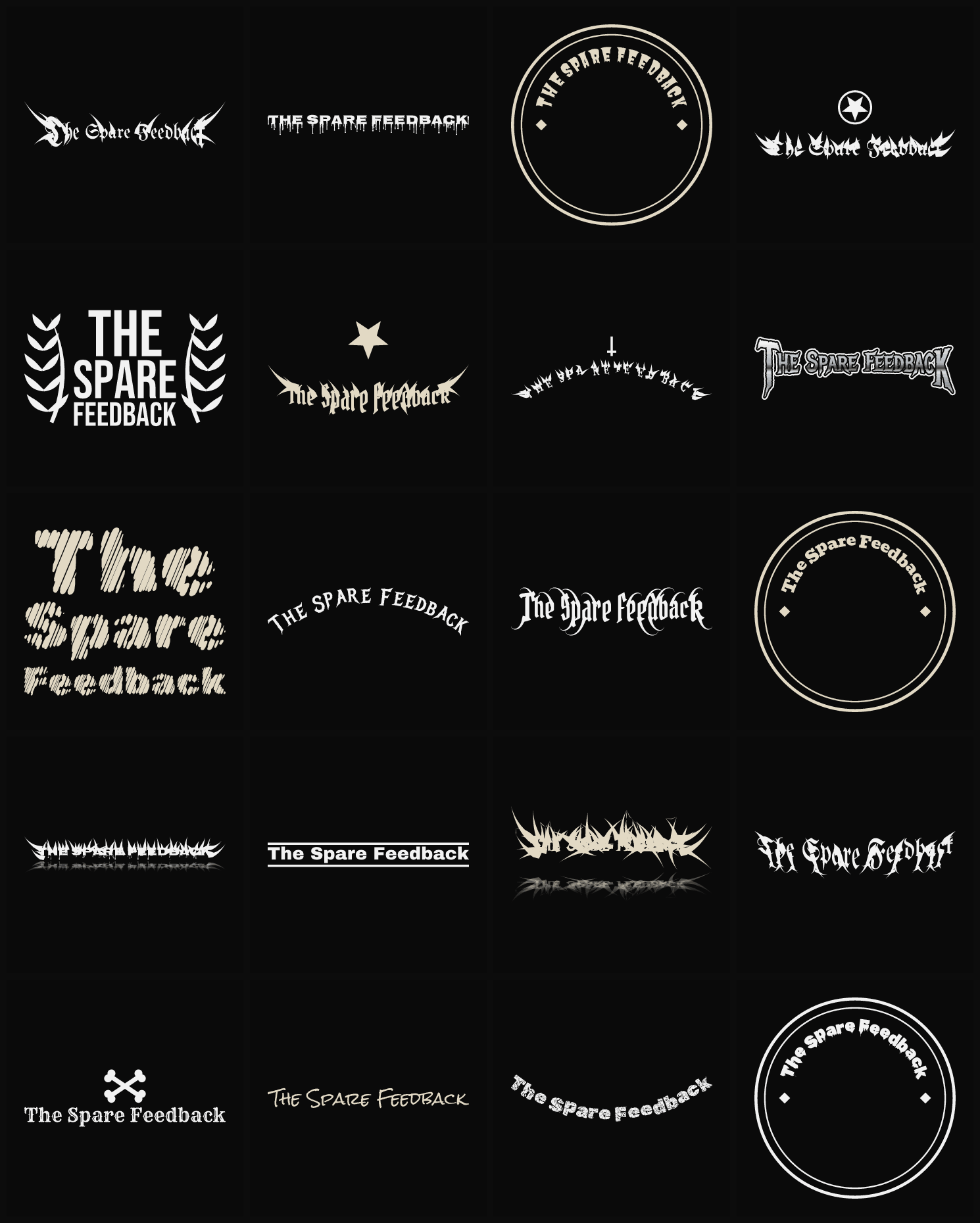 Twenty The Spare Feedback band logo ideas — different faces, treatments and spike settings