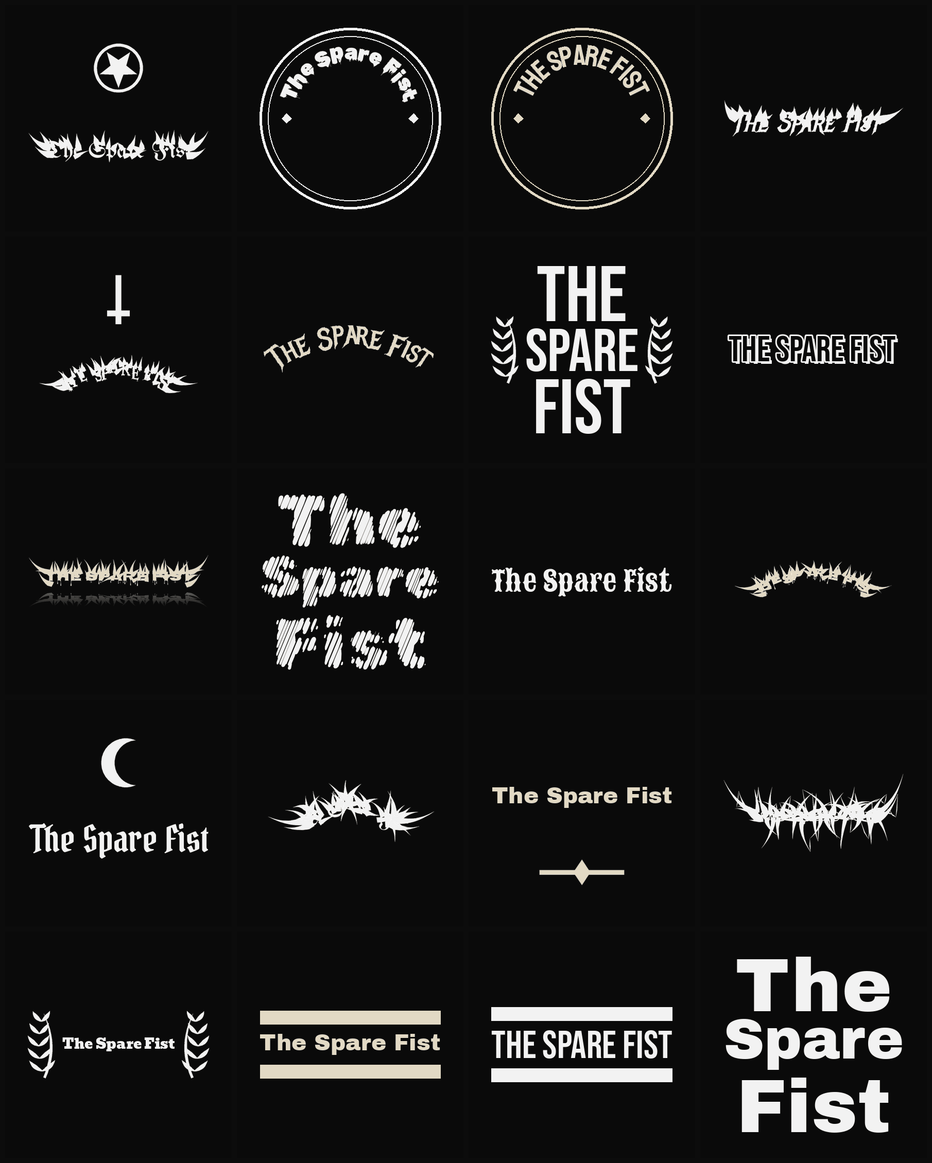 Twenty The Spare Fist band logo ideas — different faces, treatments and spike settings