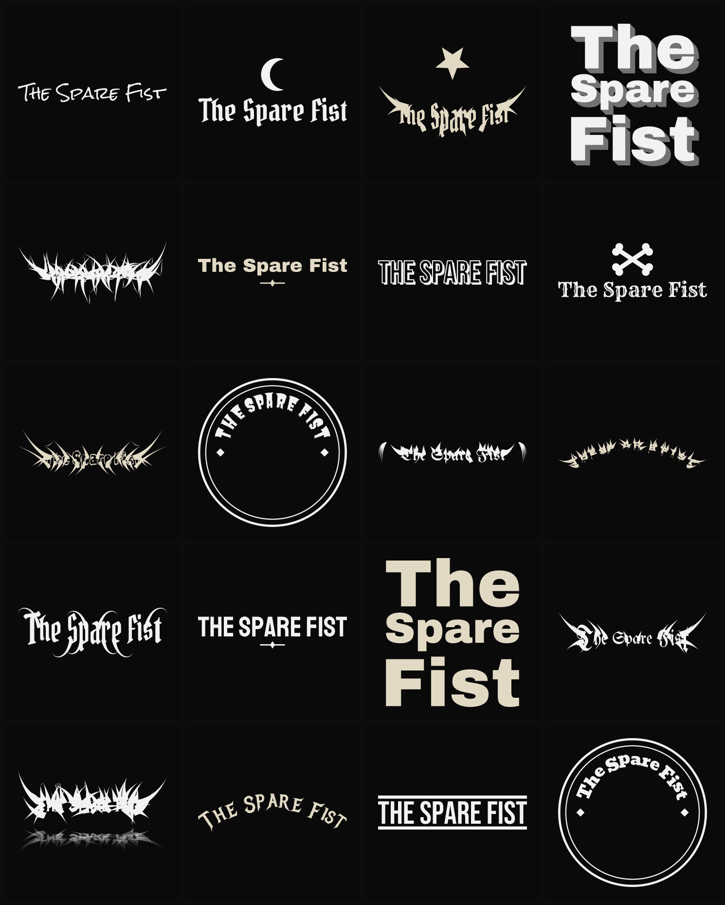 Twenty The Spare Fist band logo ideas — different faces, treatments and spike settings