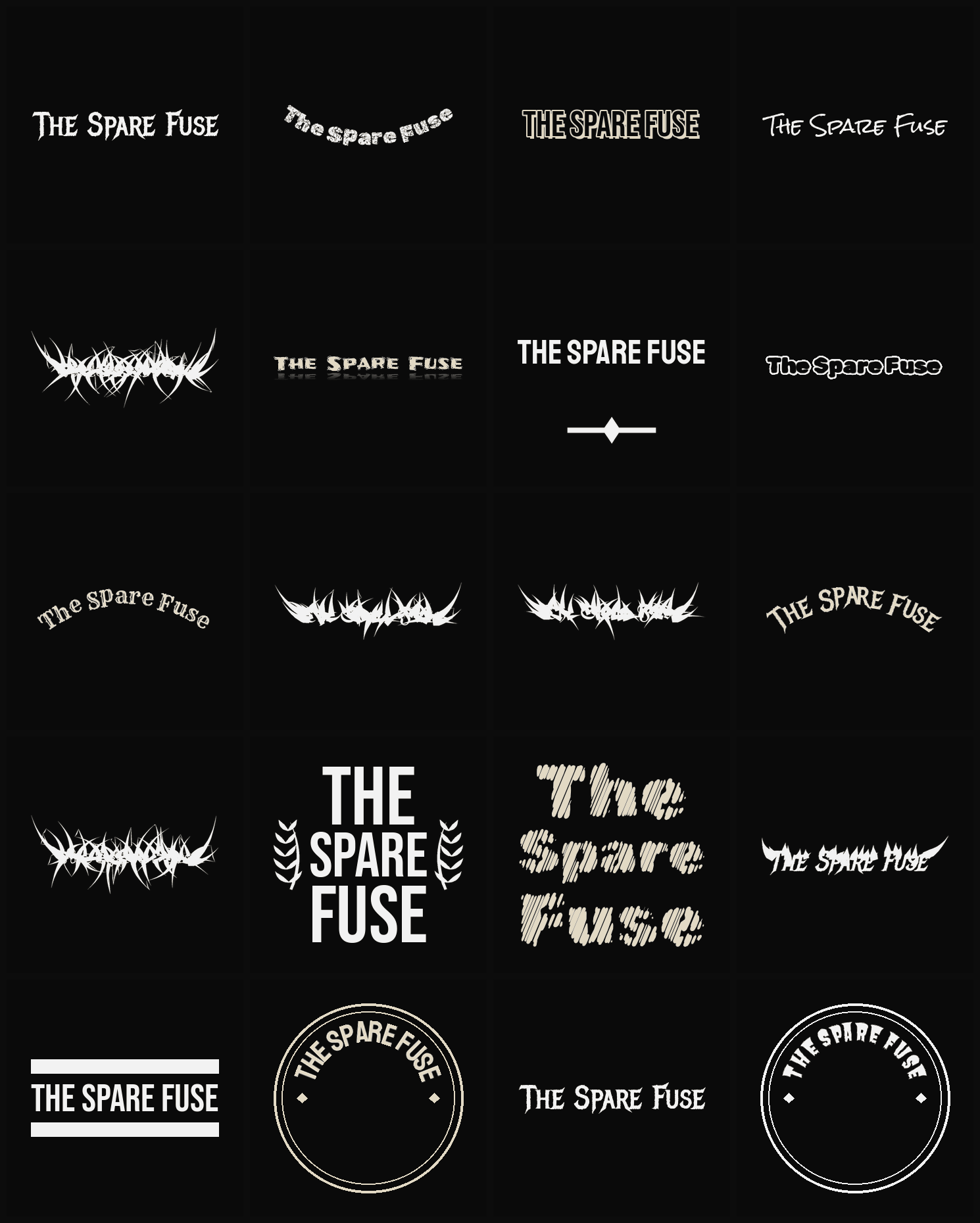 Twenty The Spare Fuse band logo ideas — different faces, treatments and spike settings