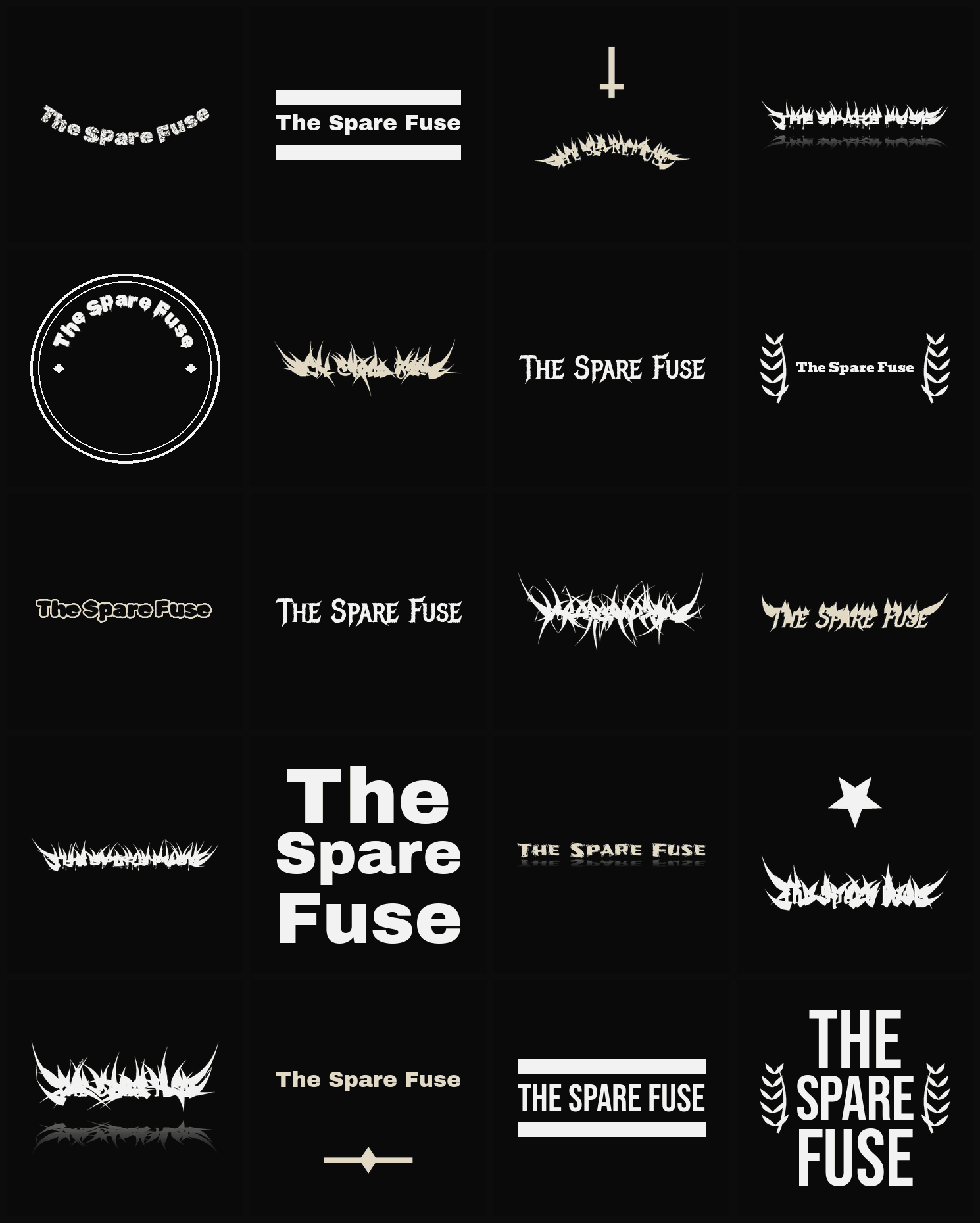Twenty The Spare Fuse band logo ideas — different faces, treatments and spike settings