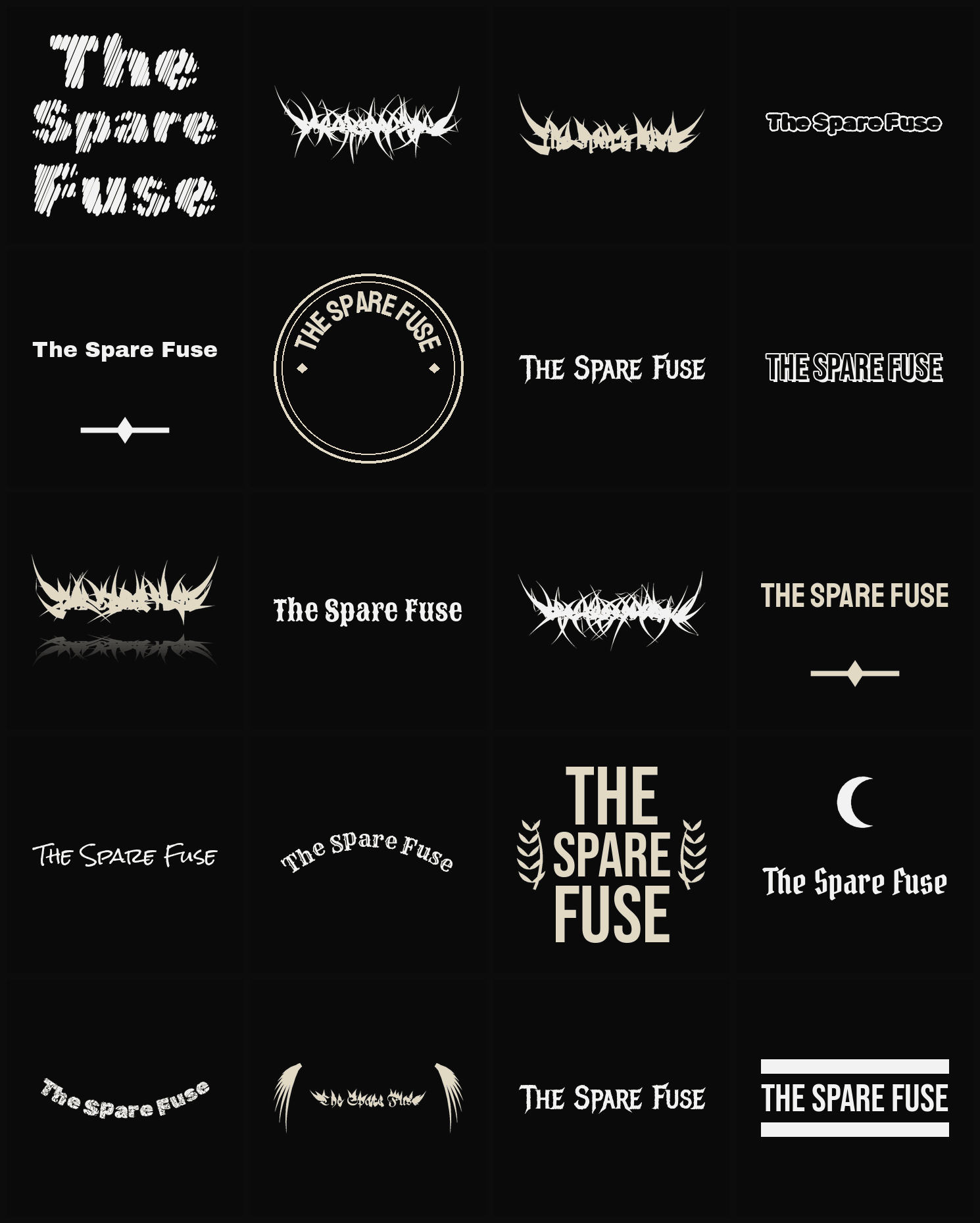 Twenty The Spare Fuse band logo ideas — different faces, treatments and spike settings