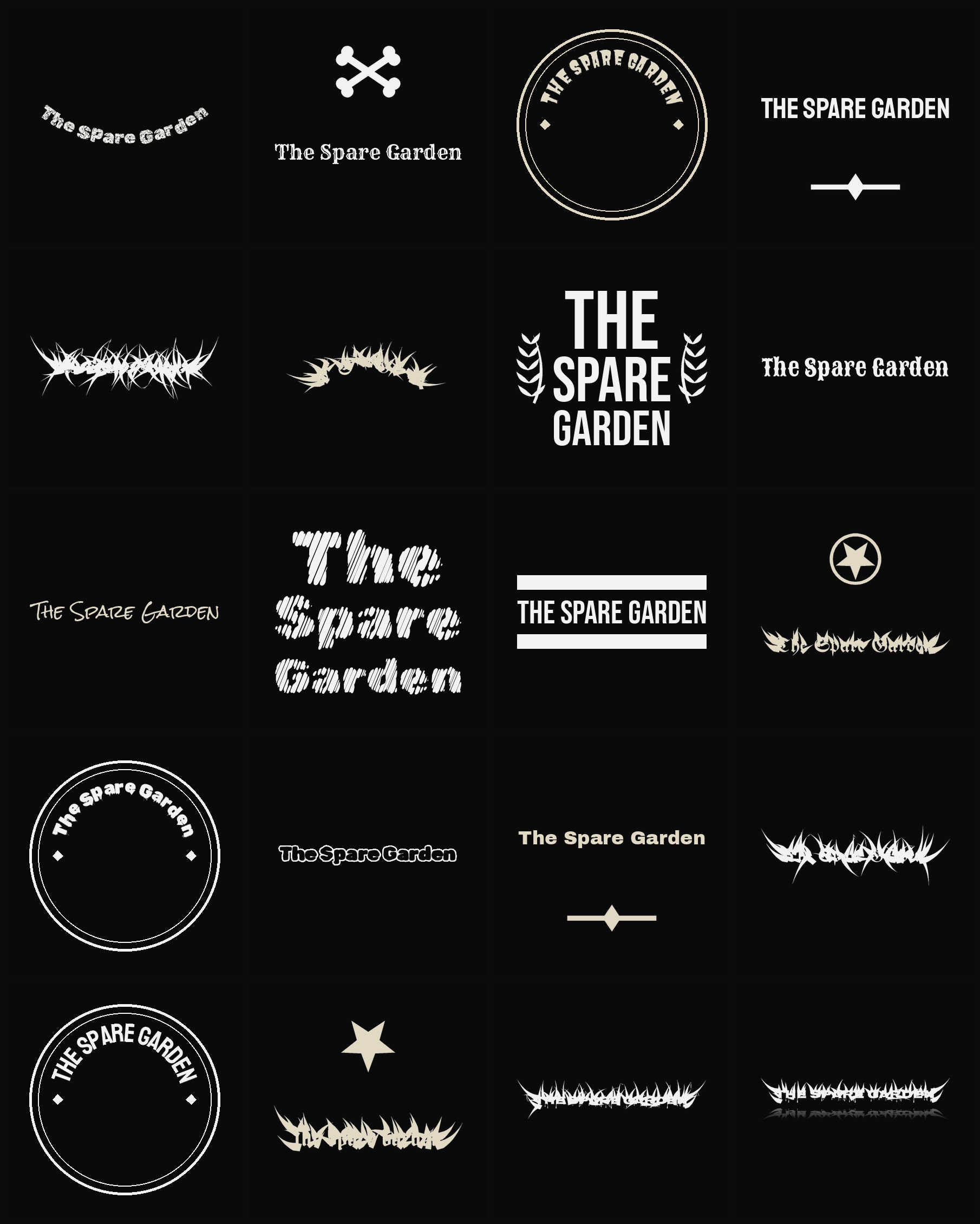 Twenty The Spare Garden band logo ideas — different faces, treatments and spike settings