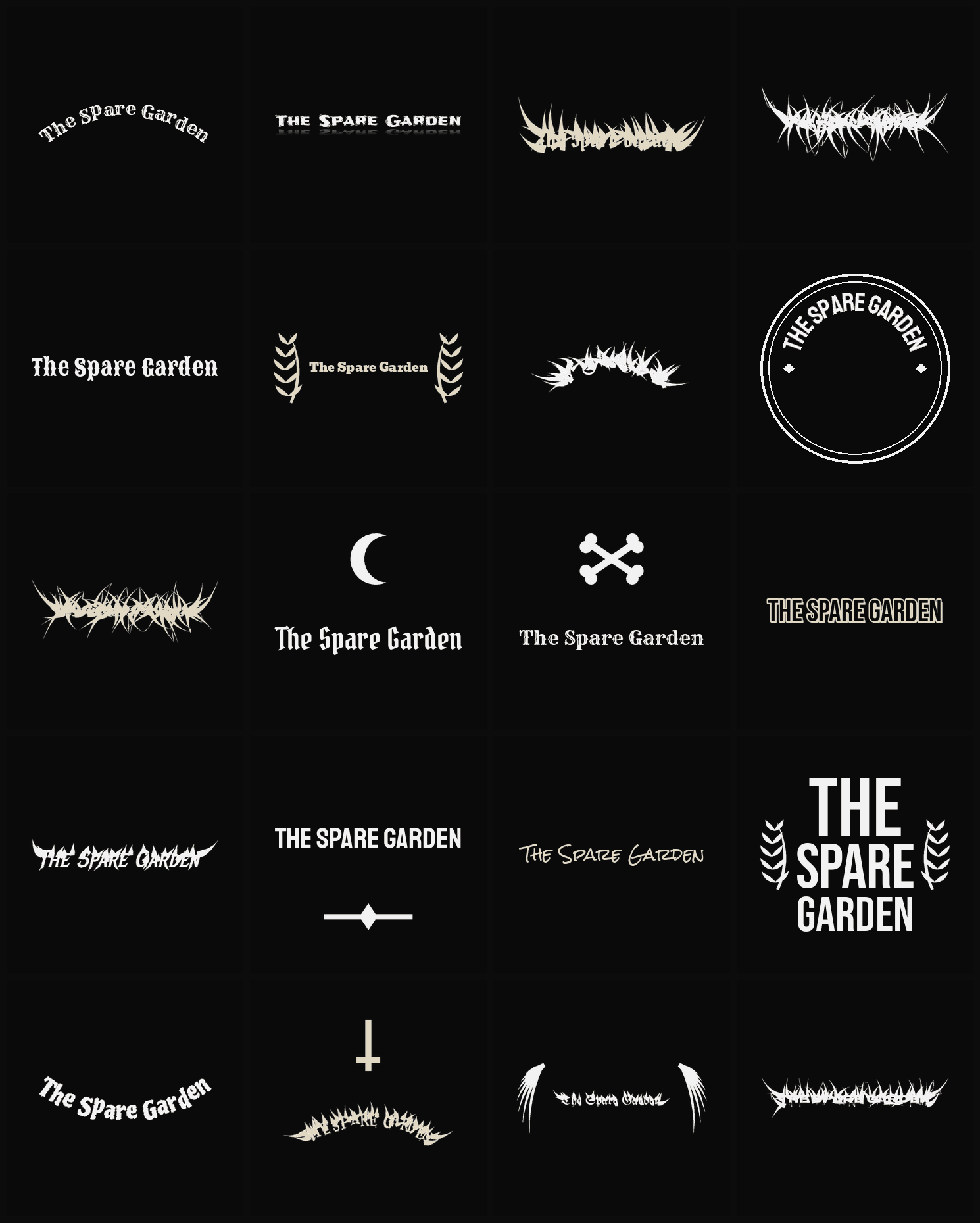 Twenty The Spare Garden band logo ideas — different faces, treatments and spike settings