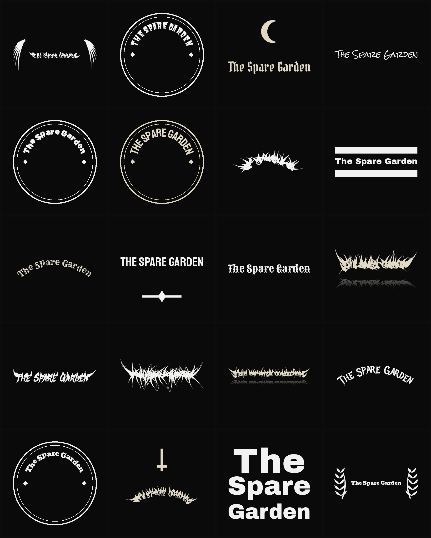 Twenty The Spare Garden band logo ideas — different faces, treatments and spike settings