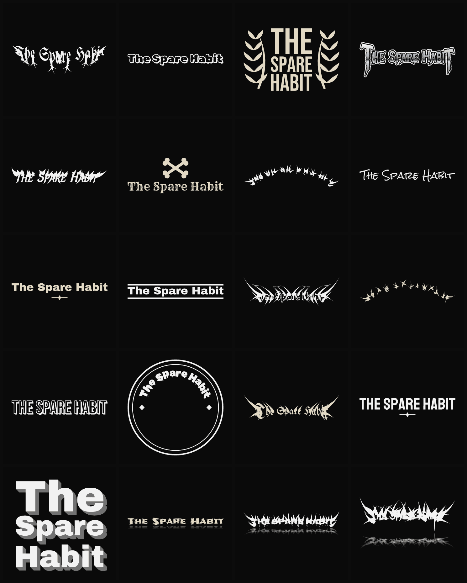 Twenty The Spare Habit band logo ideas — different faces, treatments and spike settings