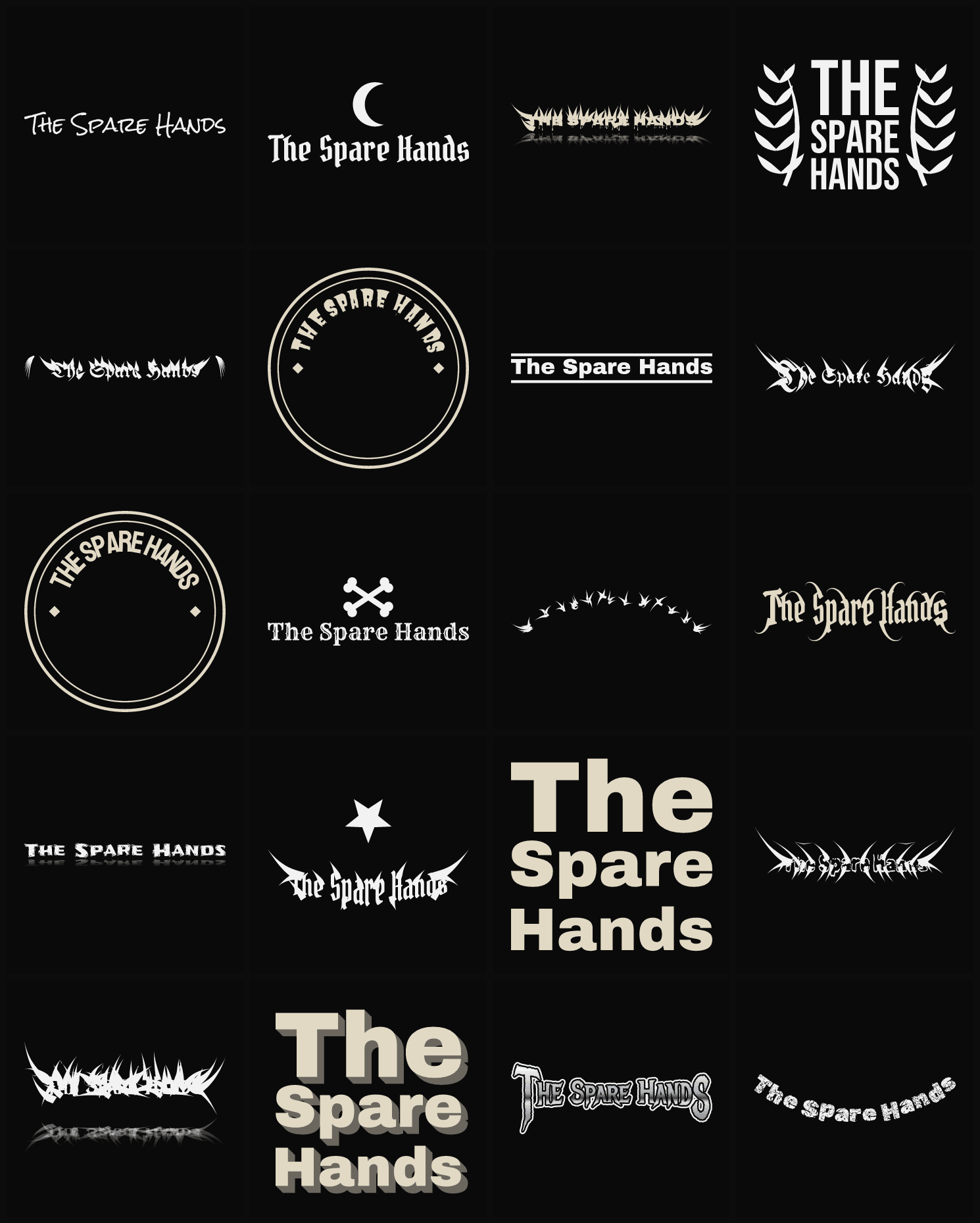 Twenty The Spare Hands band logo ideas — different faces, treatments and spike settings