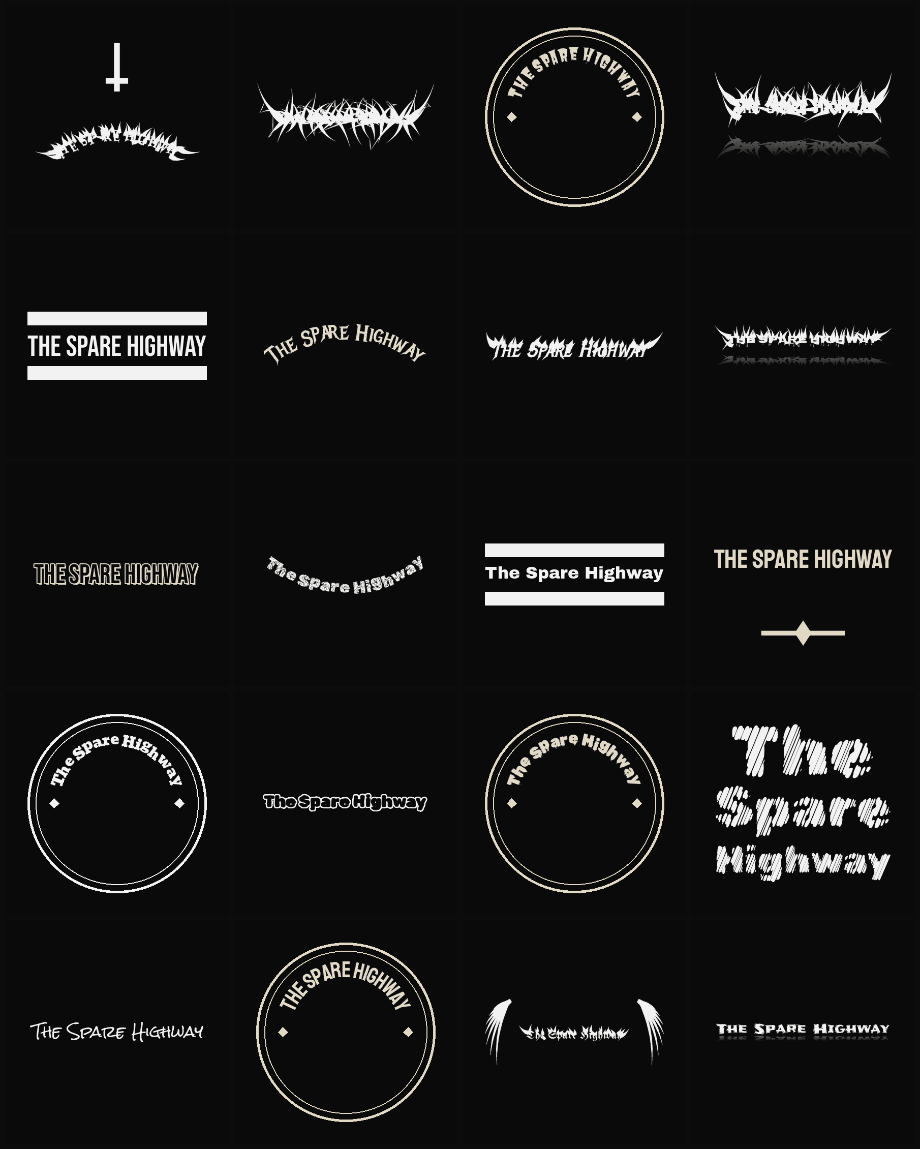 Twenty The Spare Highway band logo ideas — different faces, treatments and spike settings