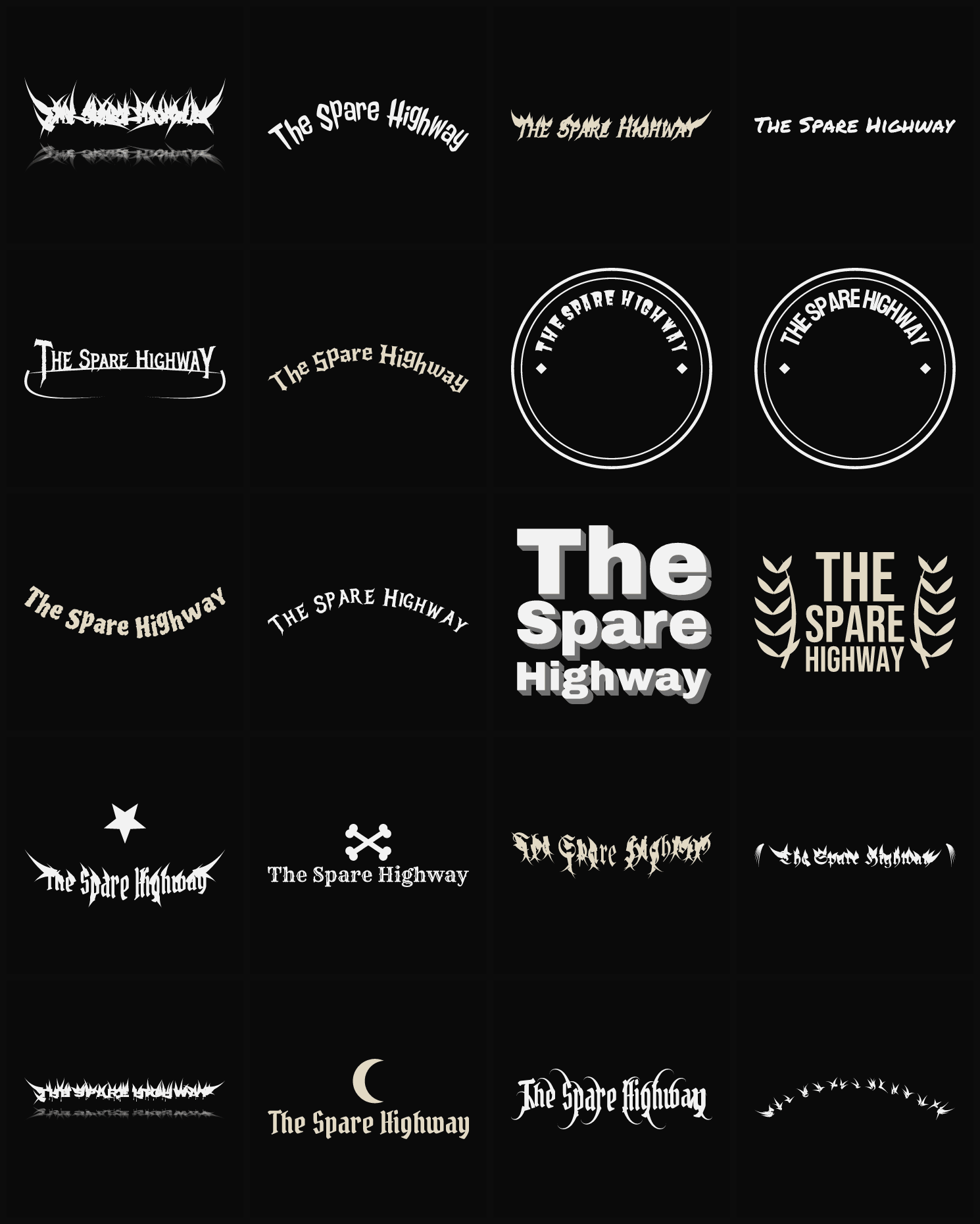 Twenty The Spare Highway band logo ideas — different faces, treatments and spike settings