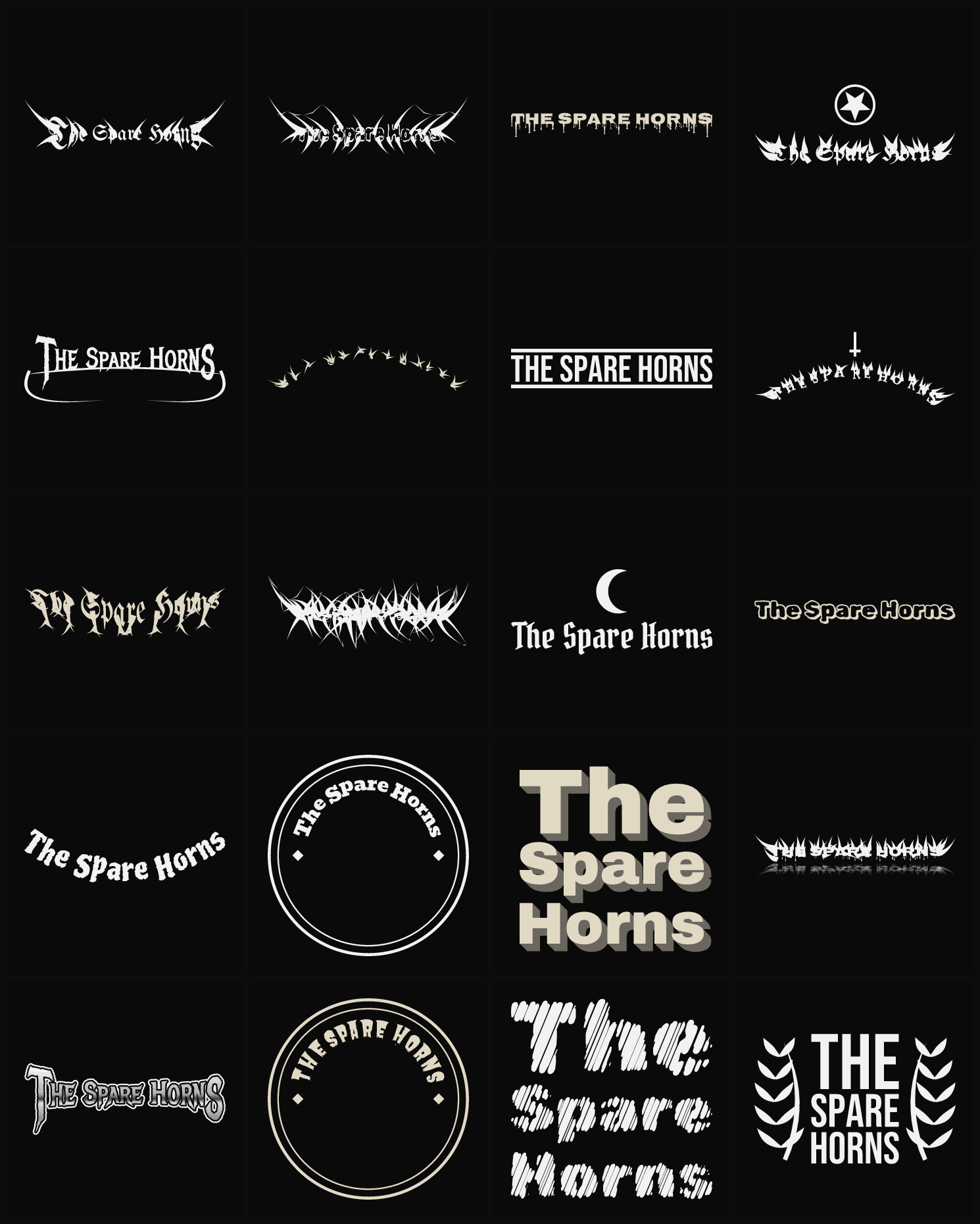 Twenty The Spare Horns band logo ideas — different faces, treatments and spike settings