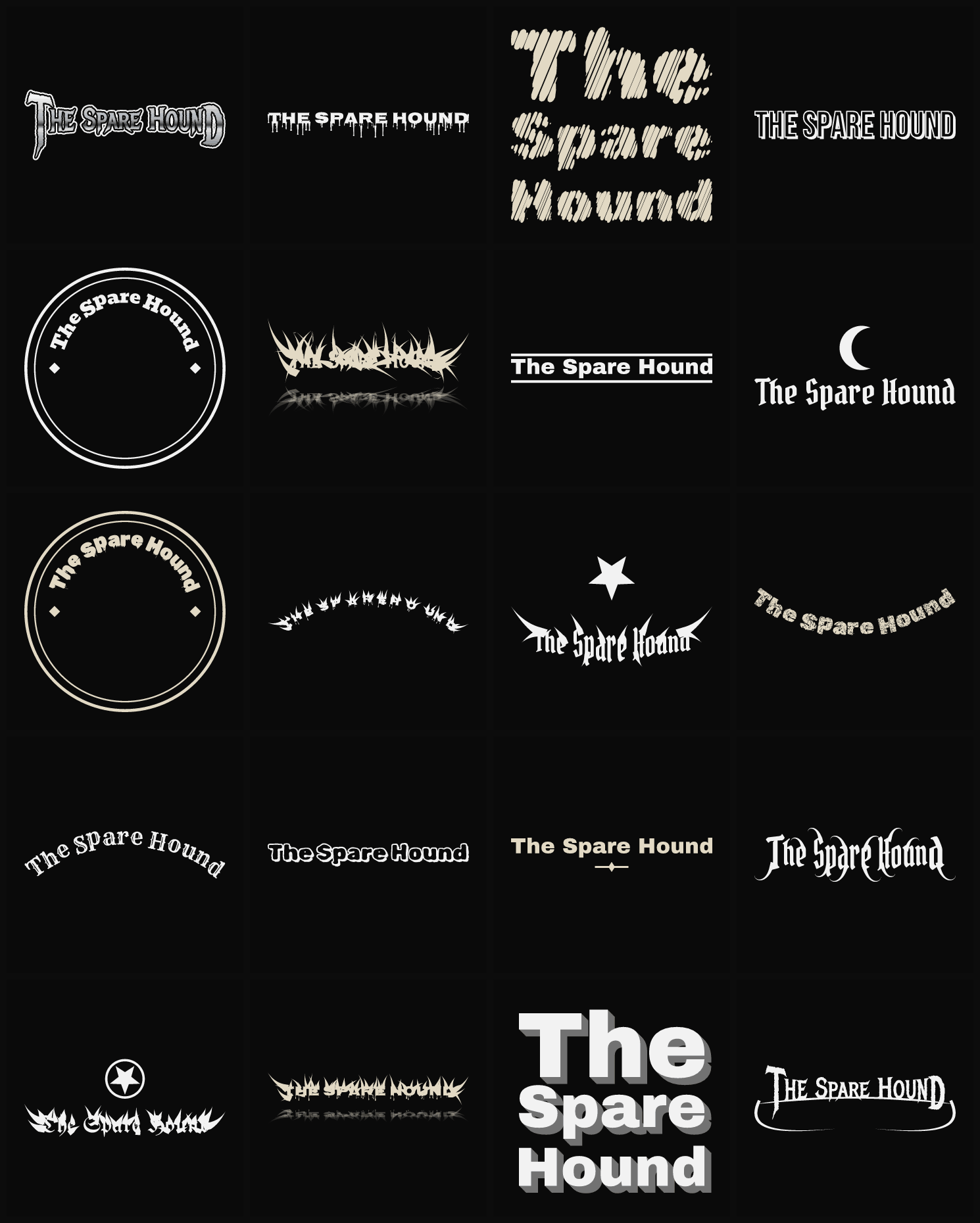 Twenty The Spare Hound band logo ideas — different faces, treatments and spike settings