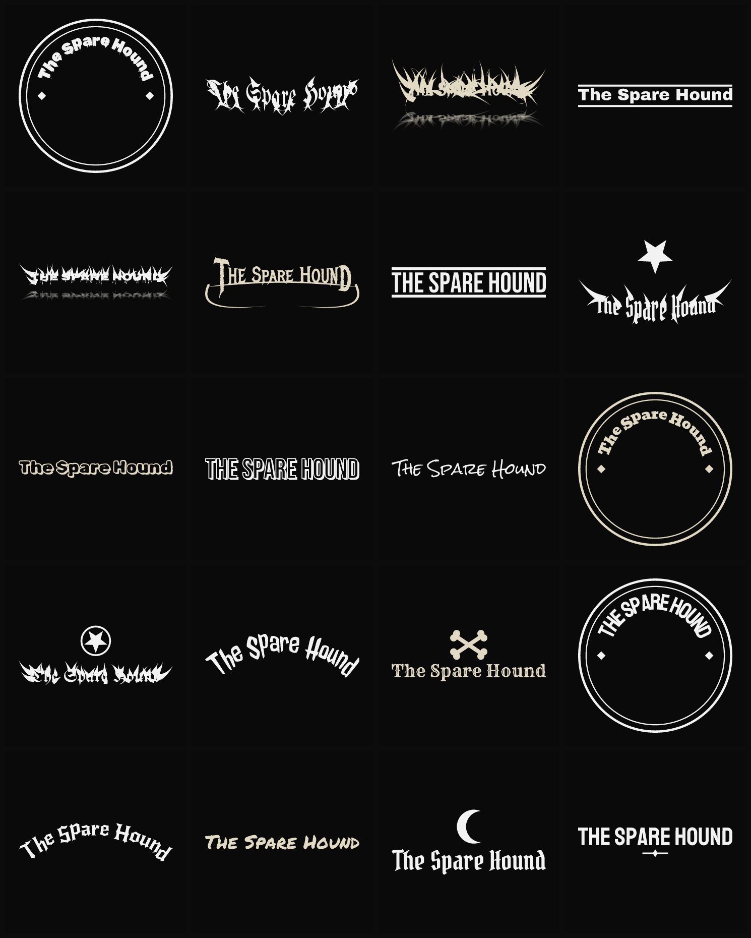 Twenty The Spare Hound band logo ideas — different faces, treatments and spike settings