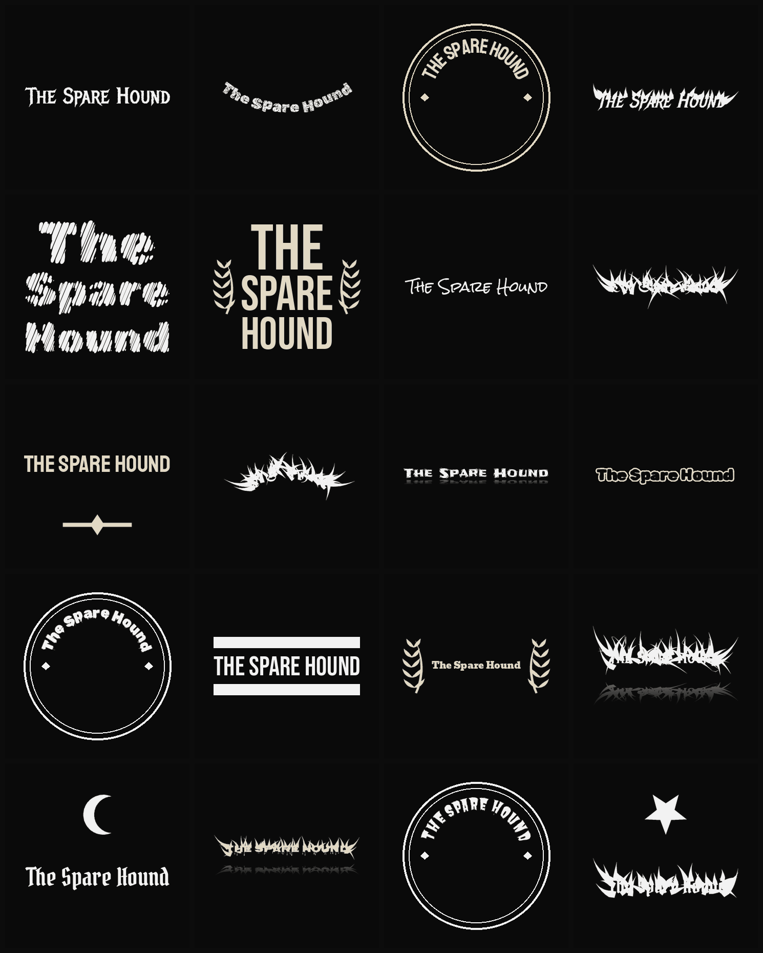 Twenty The Spare Hound band logo ideas — different faces, treatments and spike settings