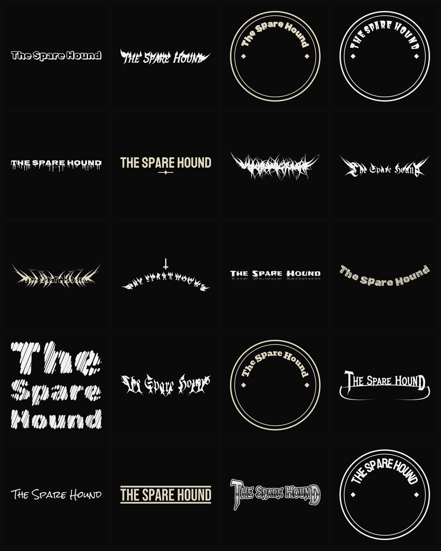 Twenty The Spare Hound band logo ideas — different faces, treatments and spike settings