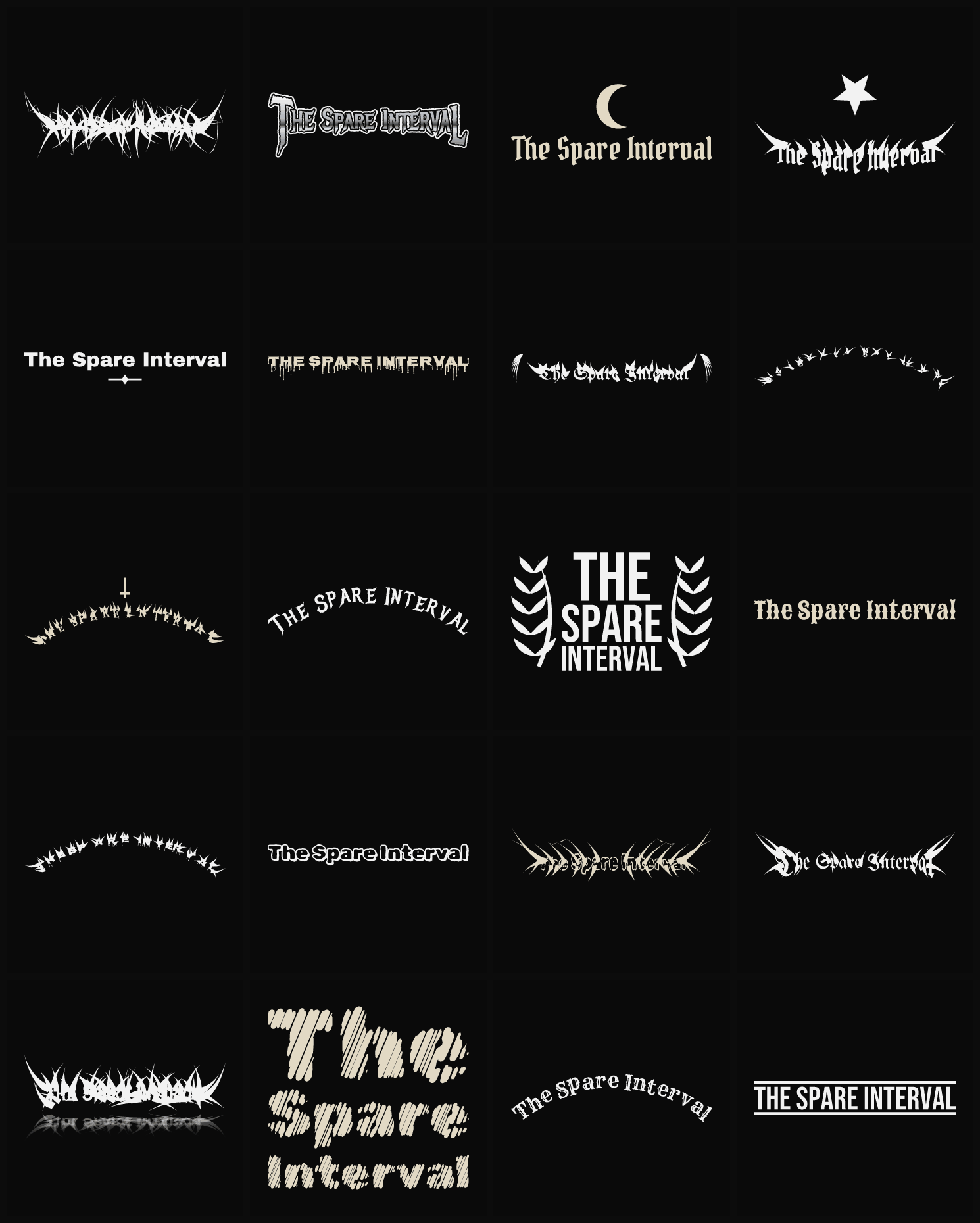Twenty The Spare Interval band logo ideas — different faces, treatments and spike settings