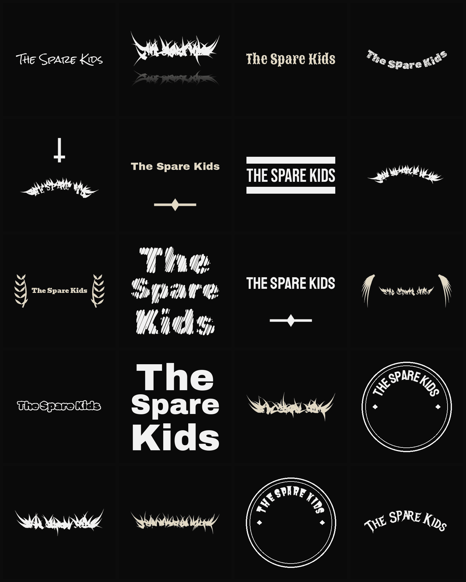 Twenty The Spare Kids band logo ideas — different faces, treatments and spike settings