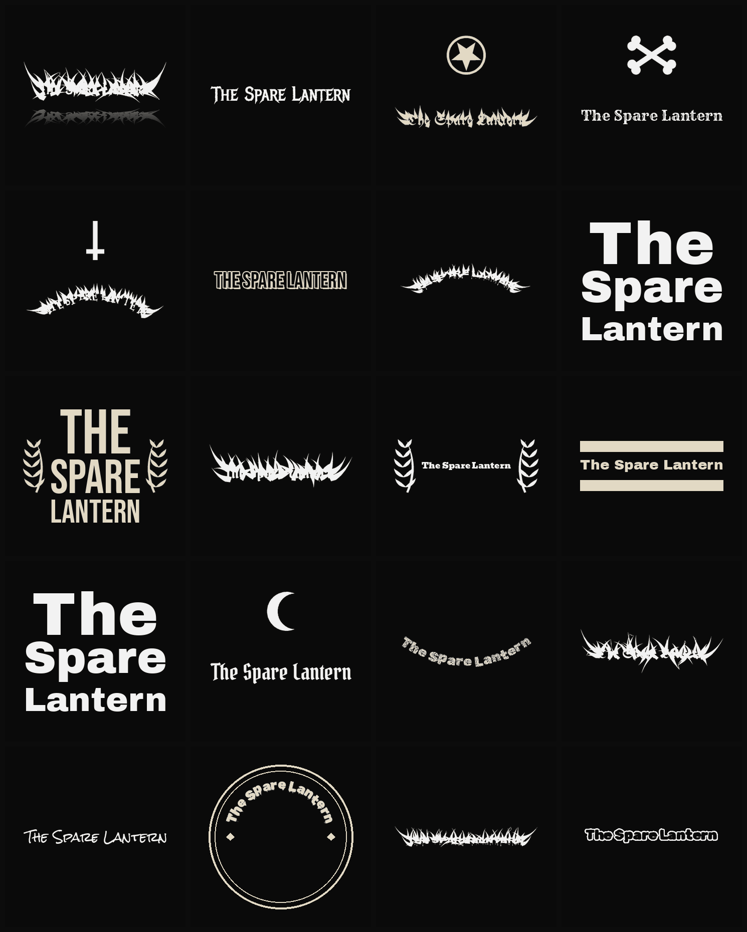 Twenty The Spare Lantern band logo ideas — different faces, treatments and spike settings