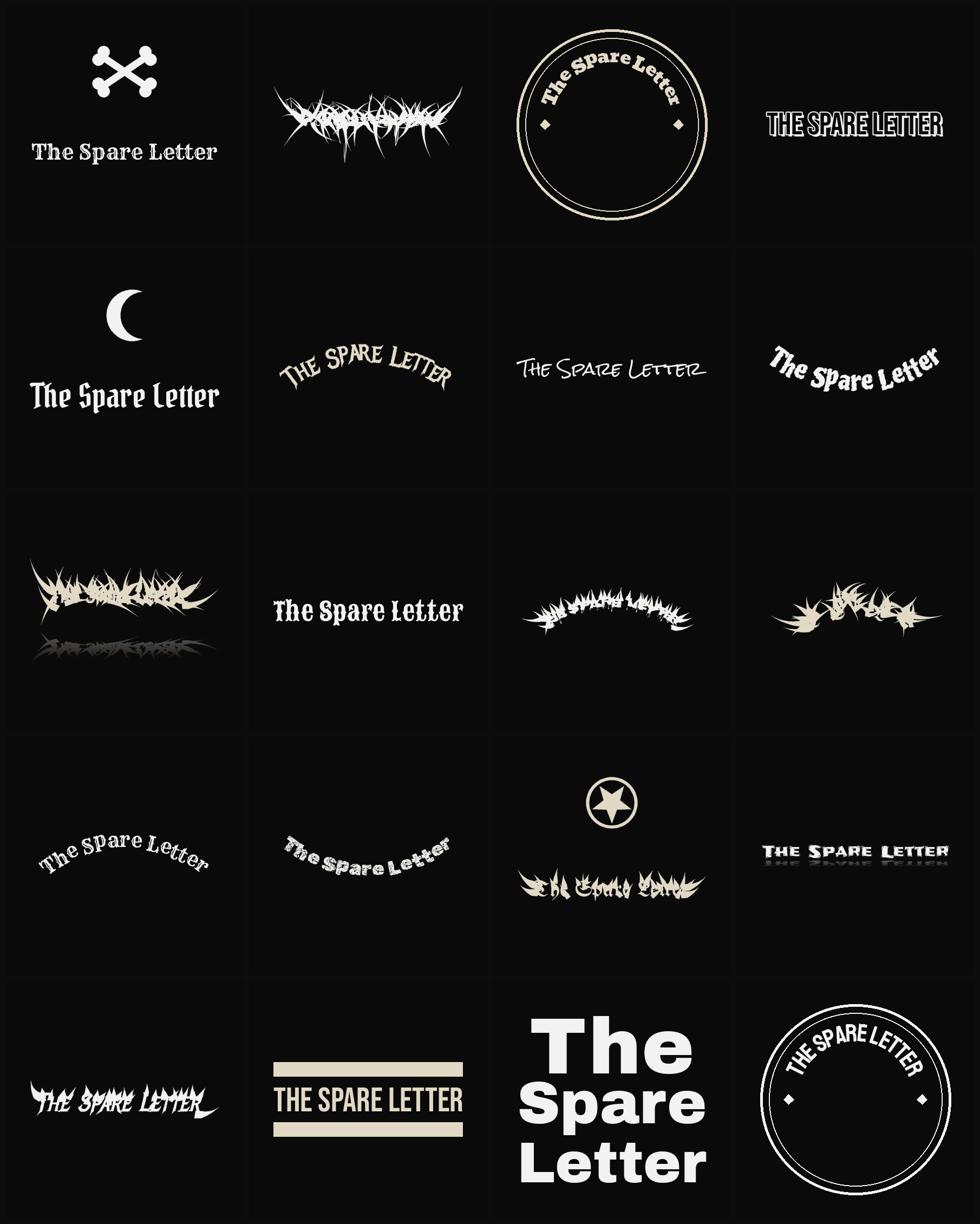 Twenty The Spare Letter band logo ideas — different faces, treatments and spike settings