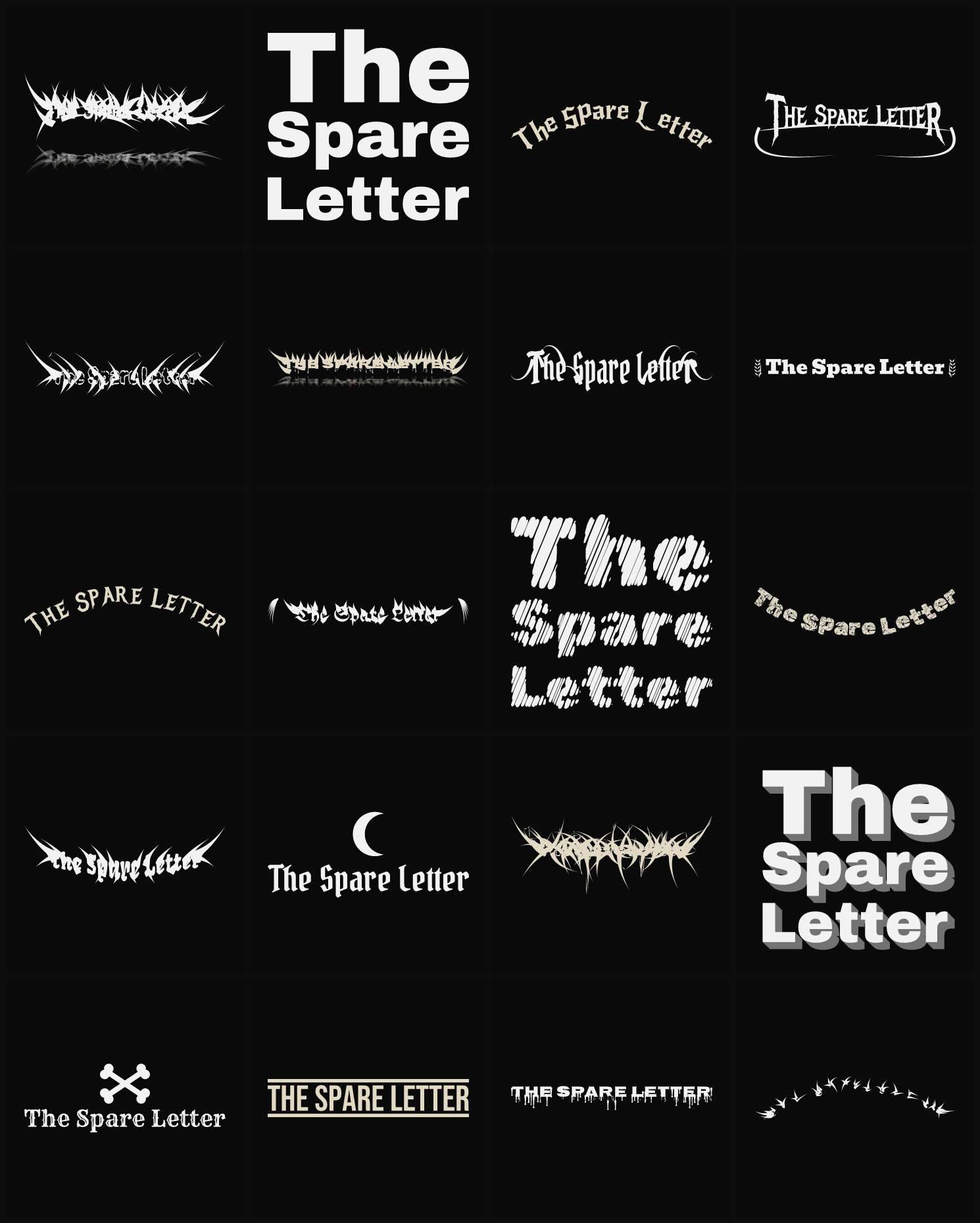 Twenty The Spare Letter band logo ideas — different faces, treatments and spike settings