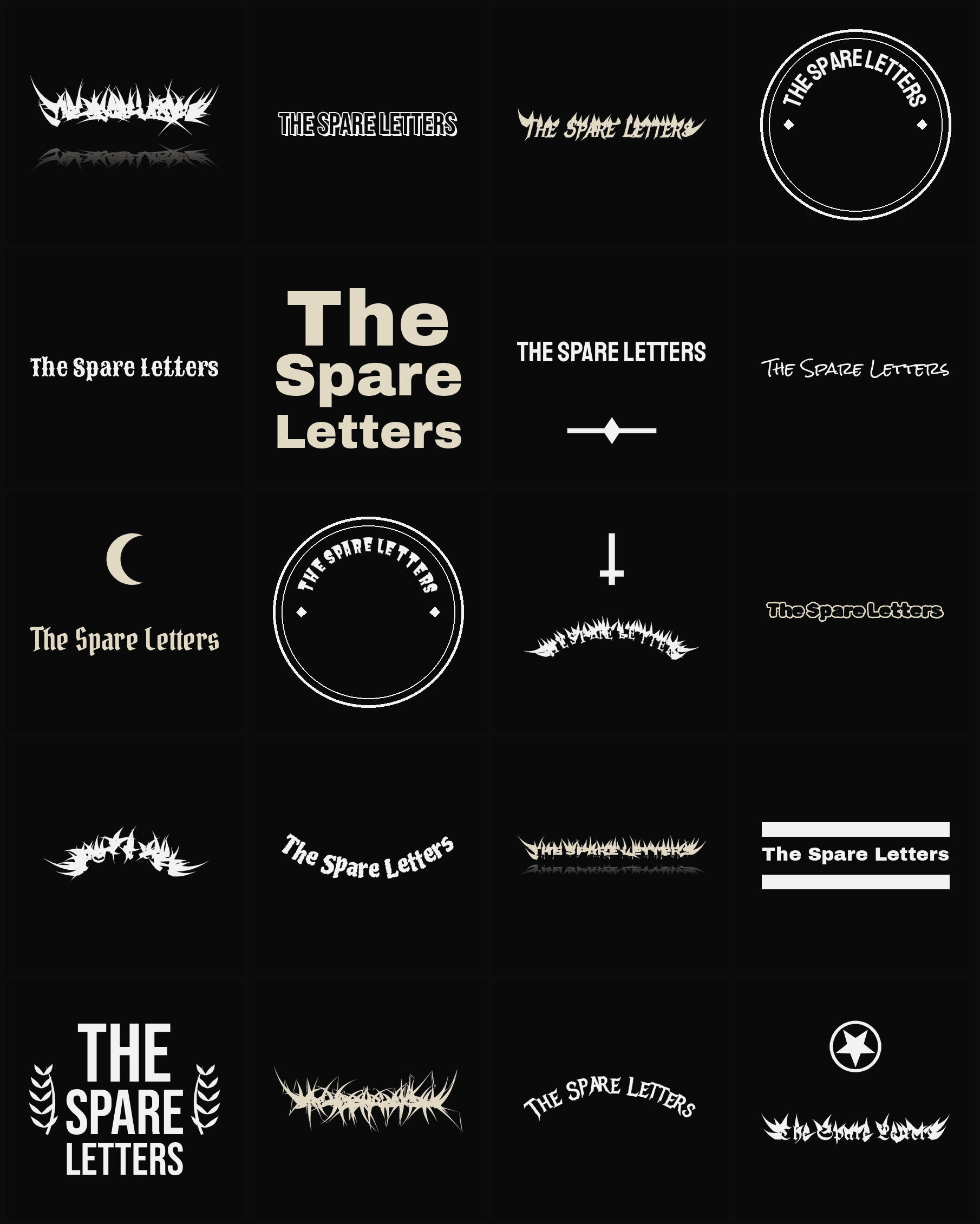 Twenty The Spare Letters band logo ideas — different faces, treatments and spike settings