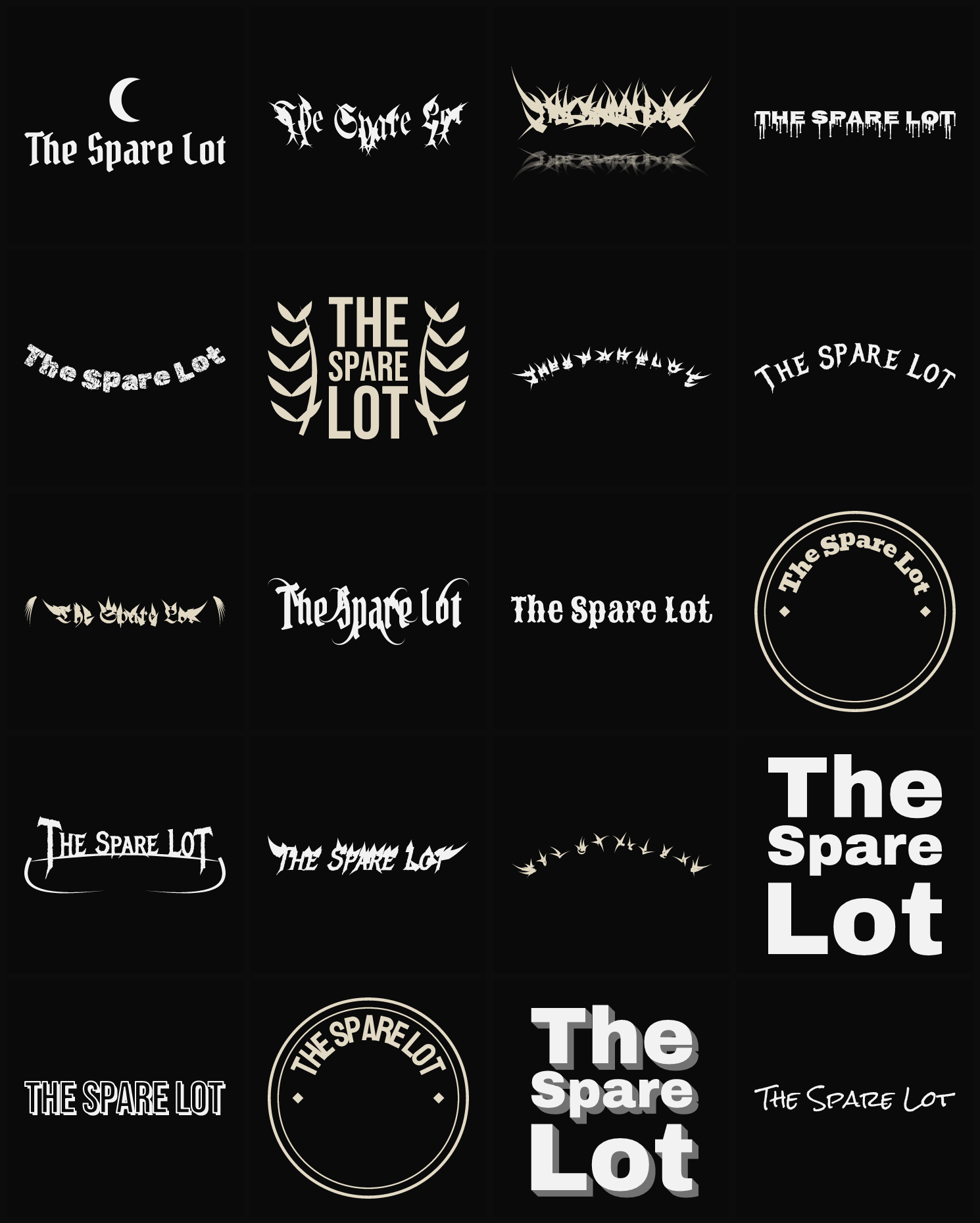 Twenty The Spare Lot band logo ideas — different faces, treatments and spike settings