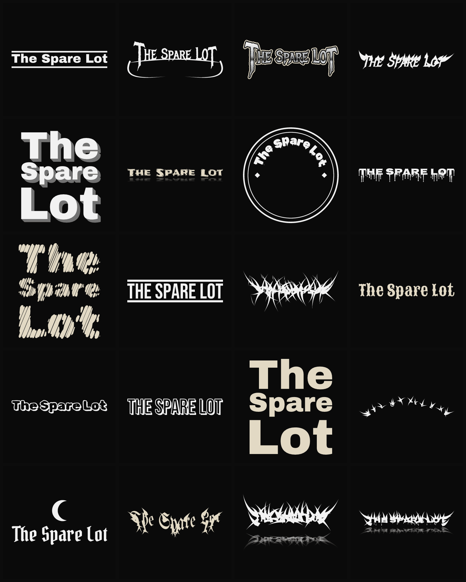 Twenty The Spare Lot band logo ideas — different faces, treatments and spike settings