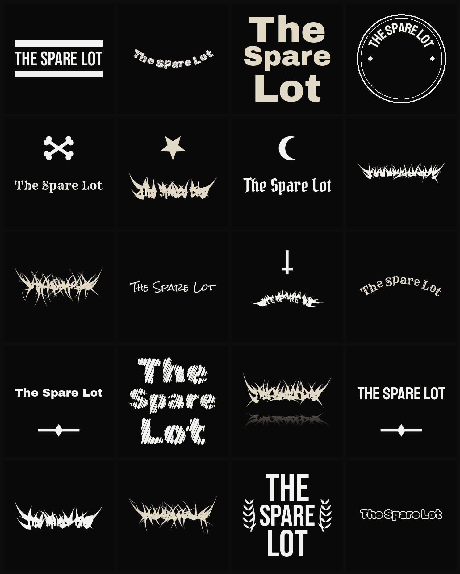Twenty The Spare Lot band logo ideas — different faces, treatments and spike settings