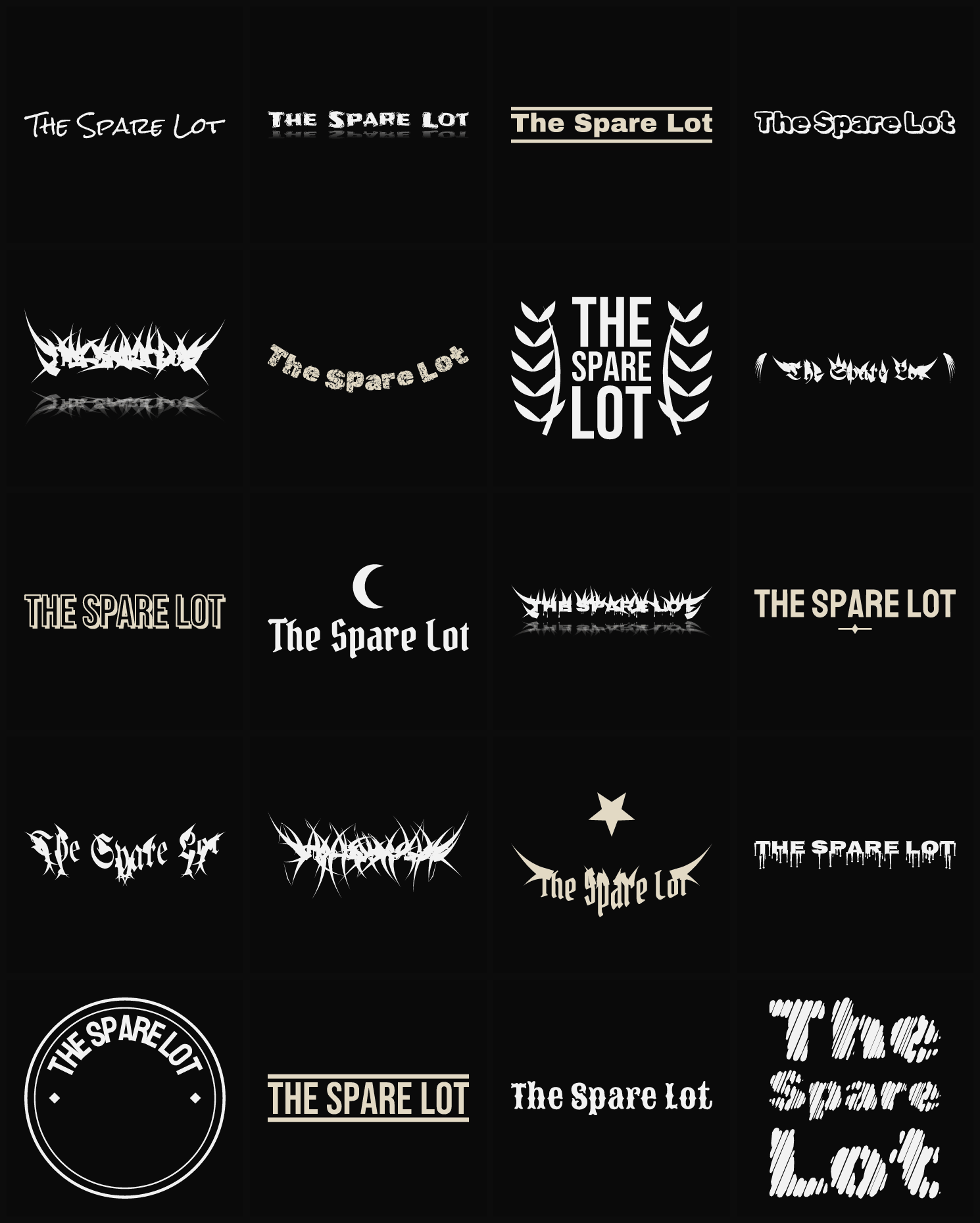 Twenty The Spare Lot band logo ideas — different faces, treatments and spike settings