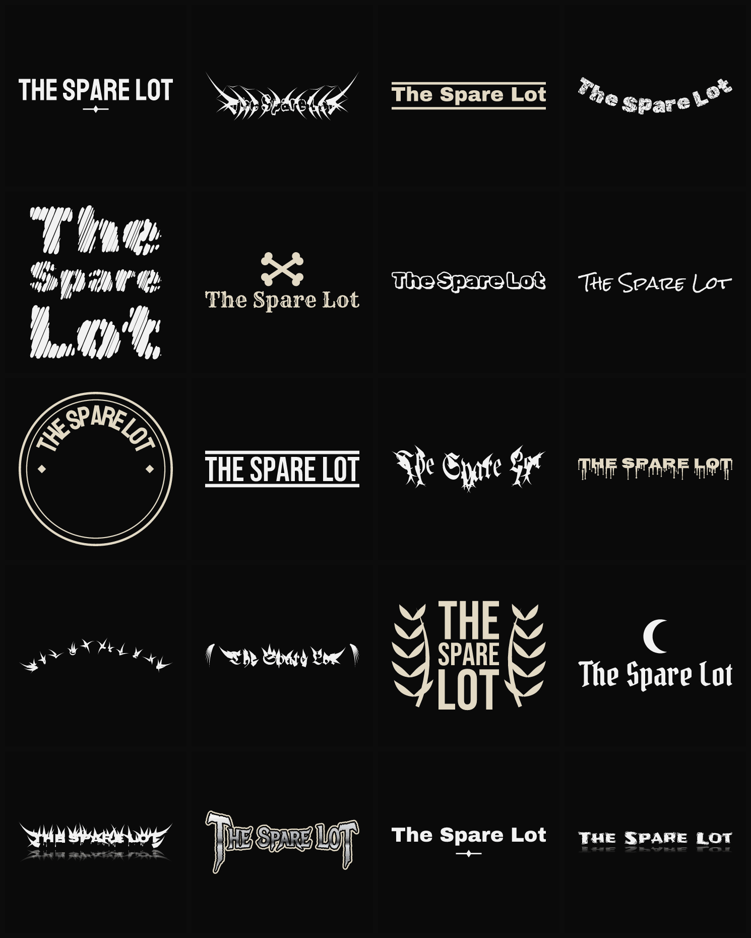 Twenty The Spare Lot band logo ideas — different faces, treatments and spike settings
