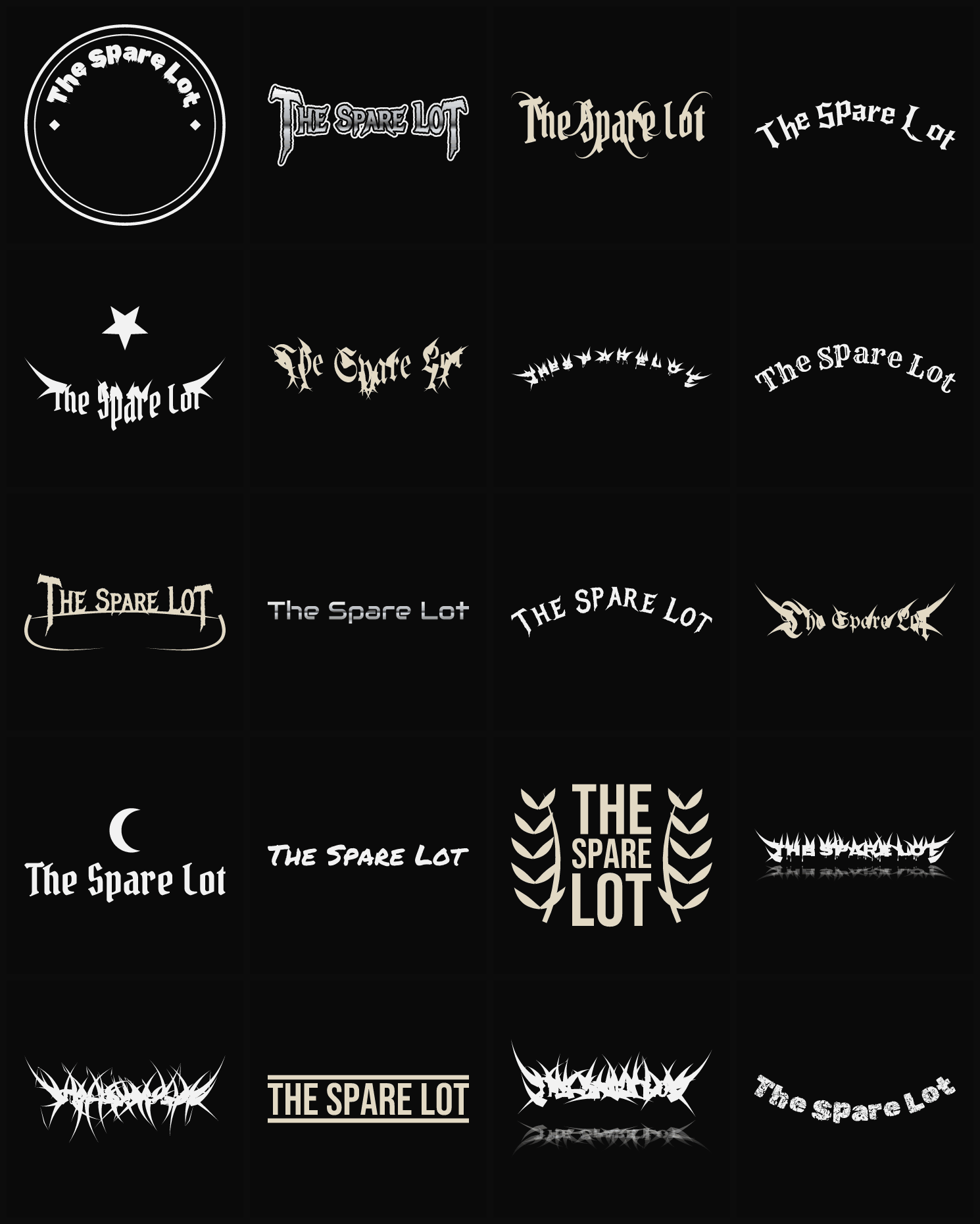 Twenty The Spare Lot band logo ideas — different faces, treatments and spike settings