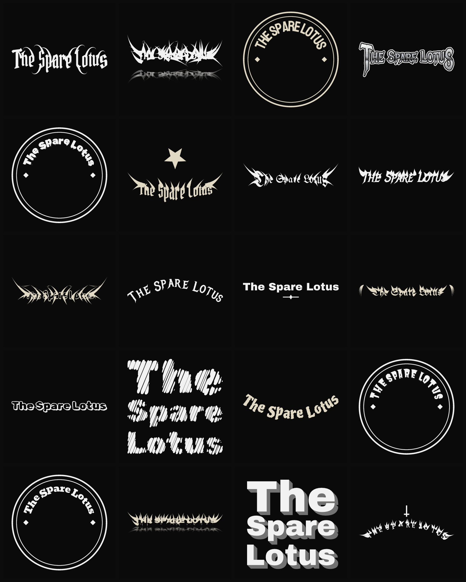 Twenty The Spare Lotus band logo ideas — different faces, treatments and spike settings