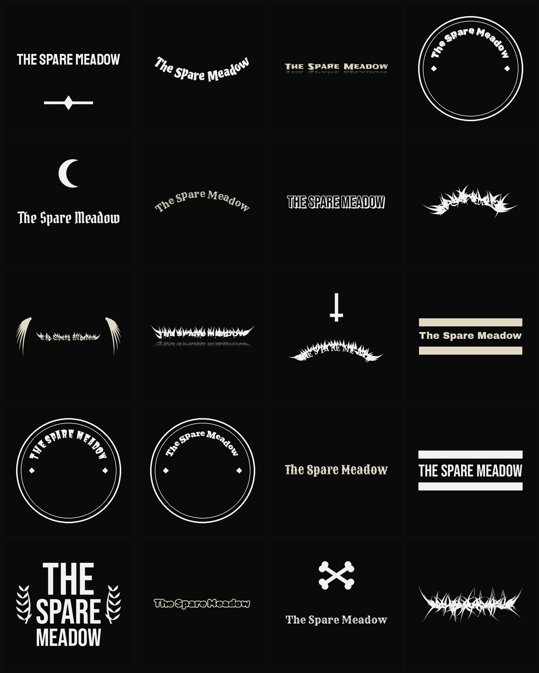 Twenty The Spare Meadow band logo ideas — different faces, treatments and spike settings