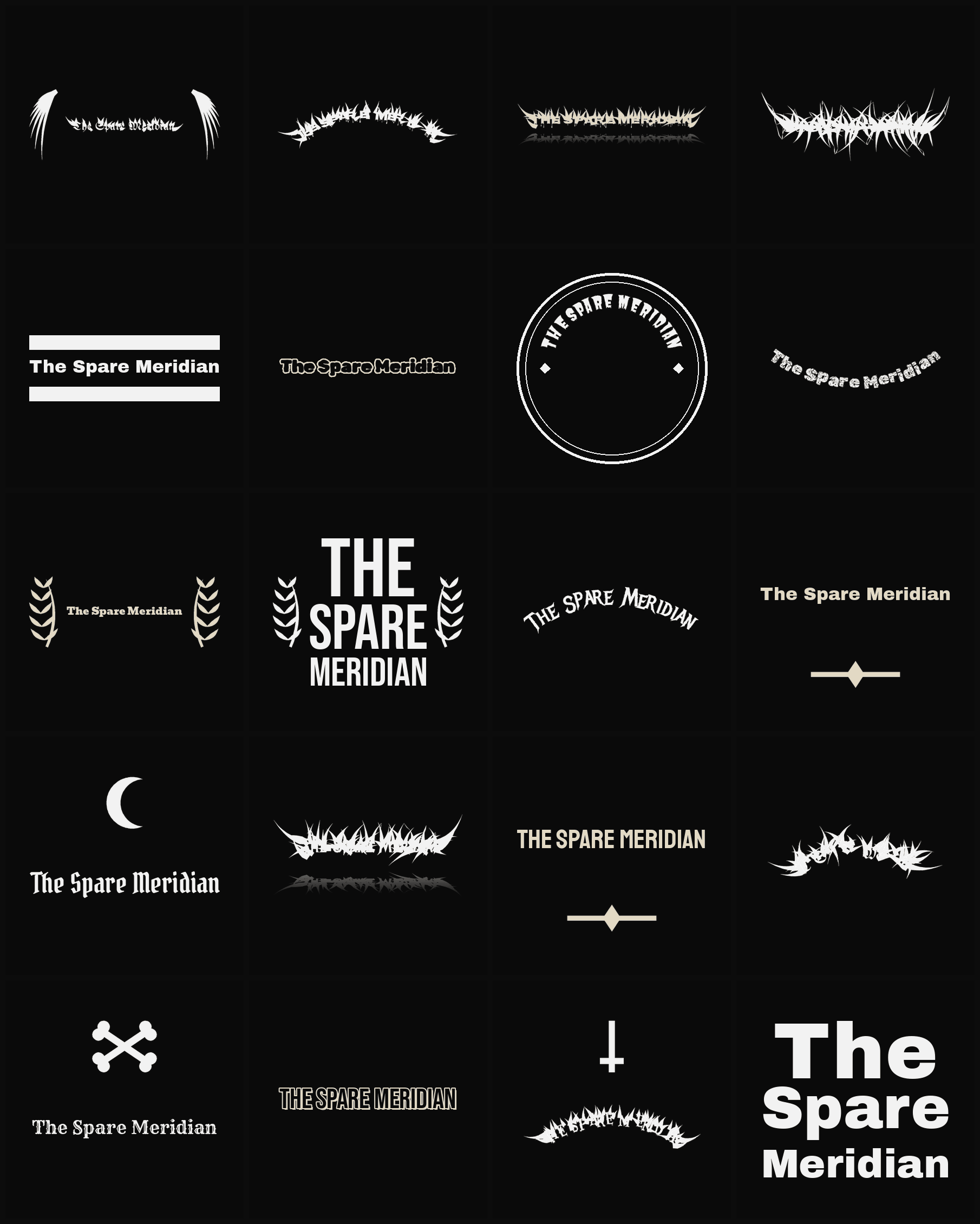 Twenty The Spare Meridian band logo ideas — different faces, treatments and spike settings