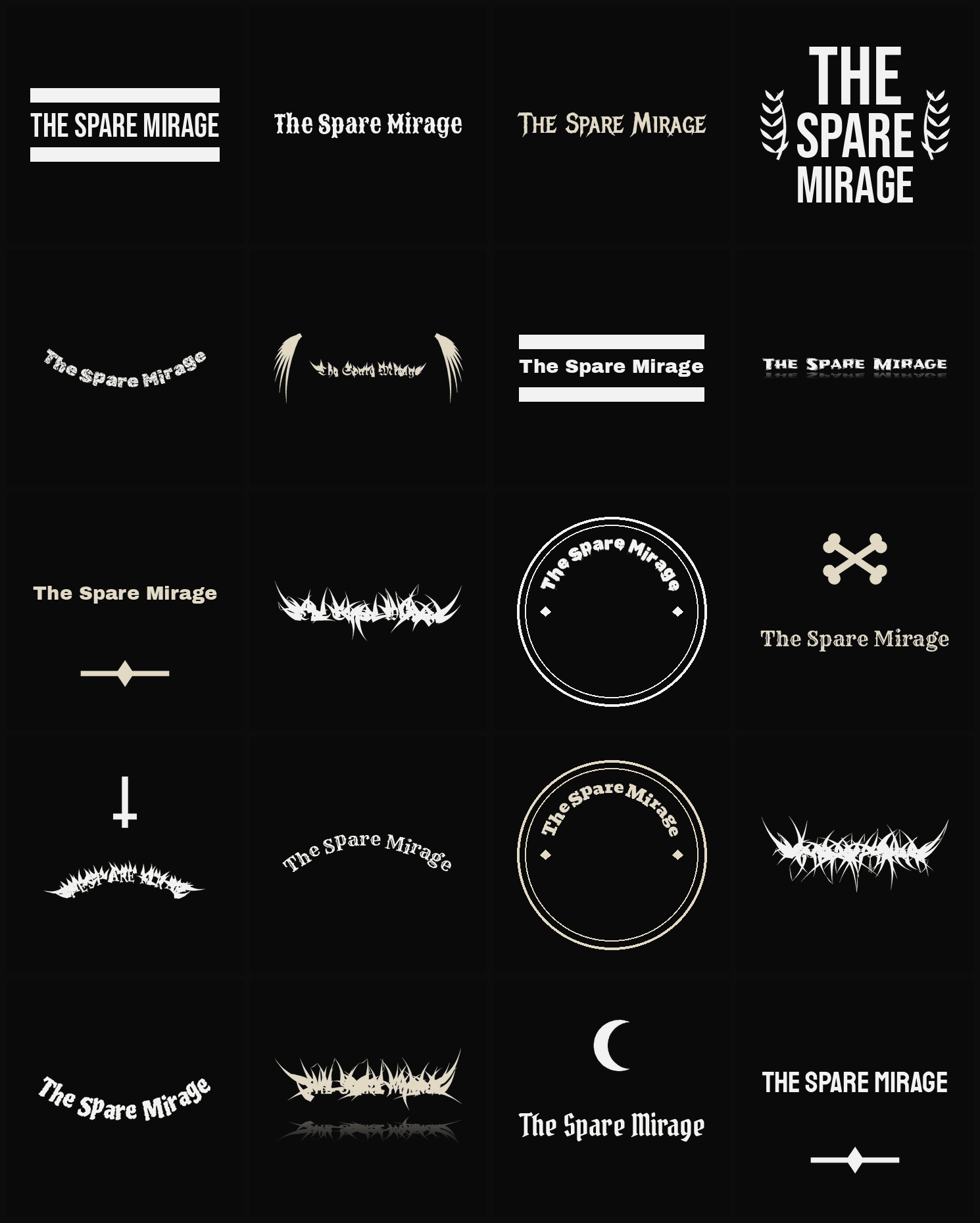 Twenty The Spare Mirage band logo ideas — different faces, treatments and spike settings