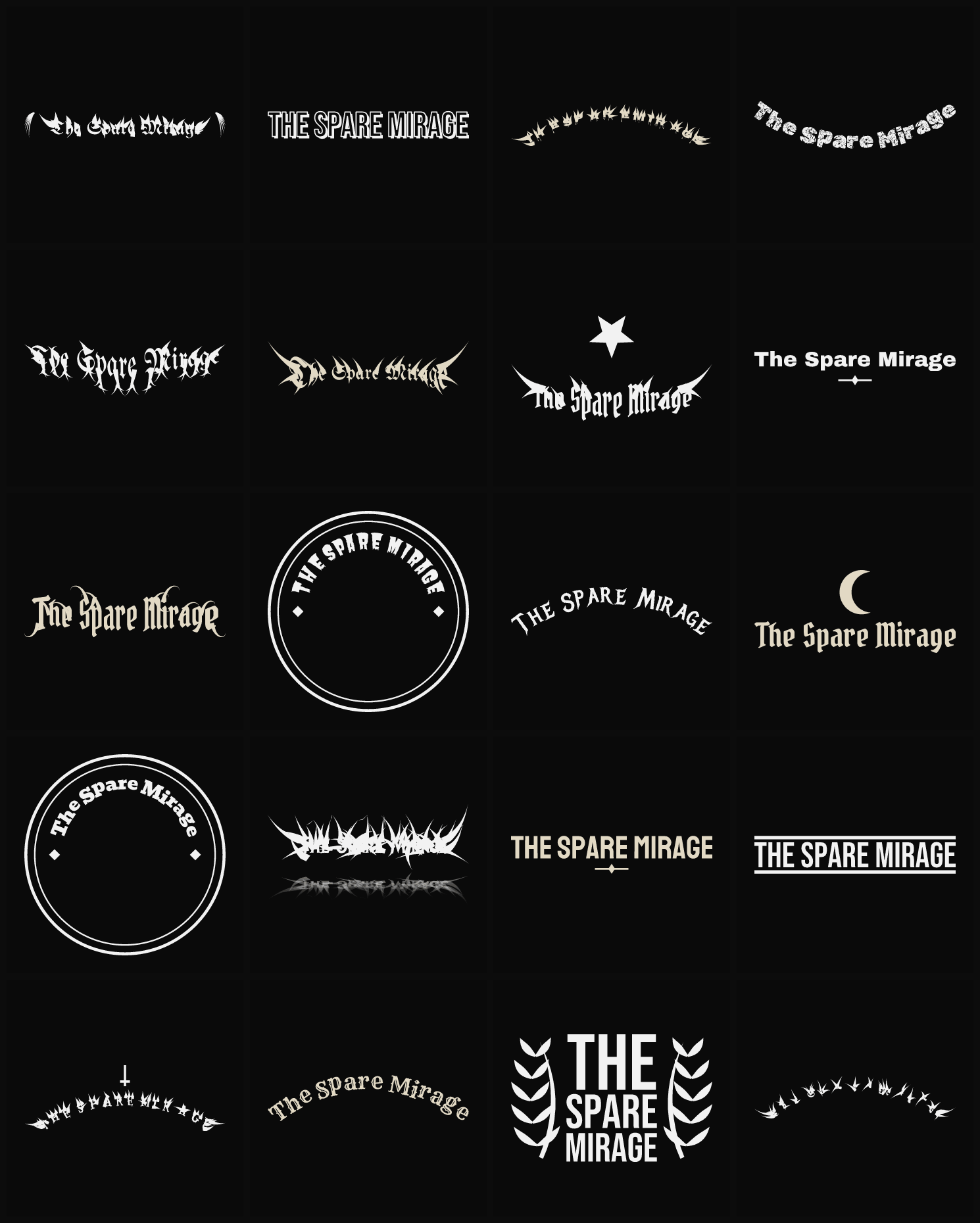 Twenty The Spare Mirage band logo ideas — different faces, treatments and spike settings