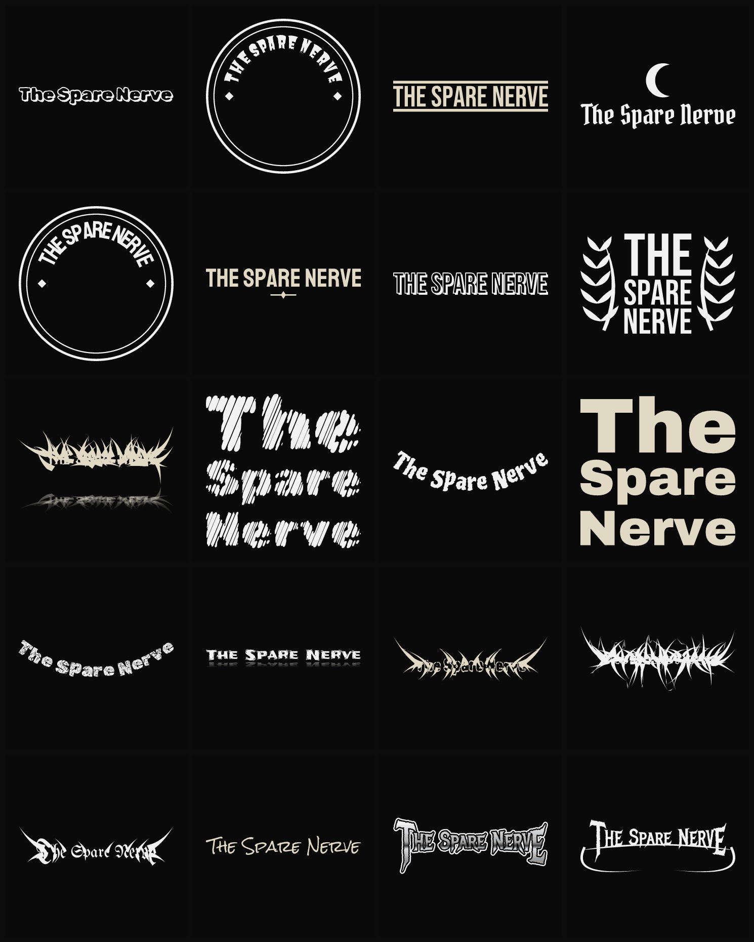 Twenty The Spare Nerve band logo ideas — different faces, treatments and spike settings