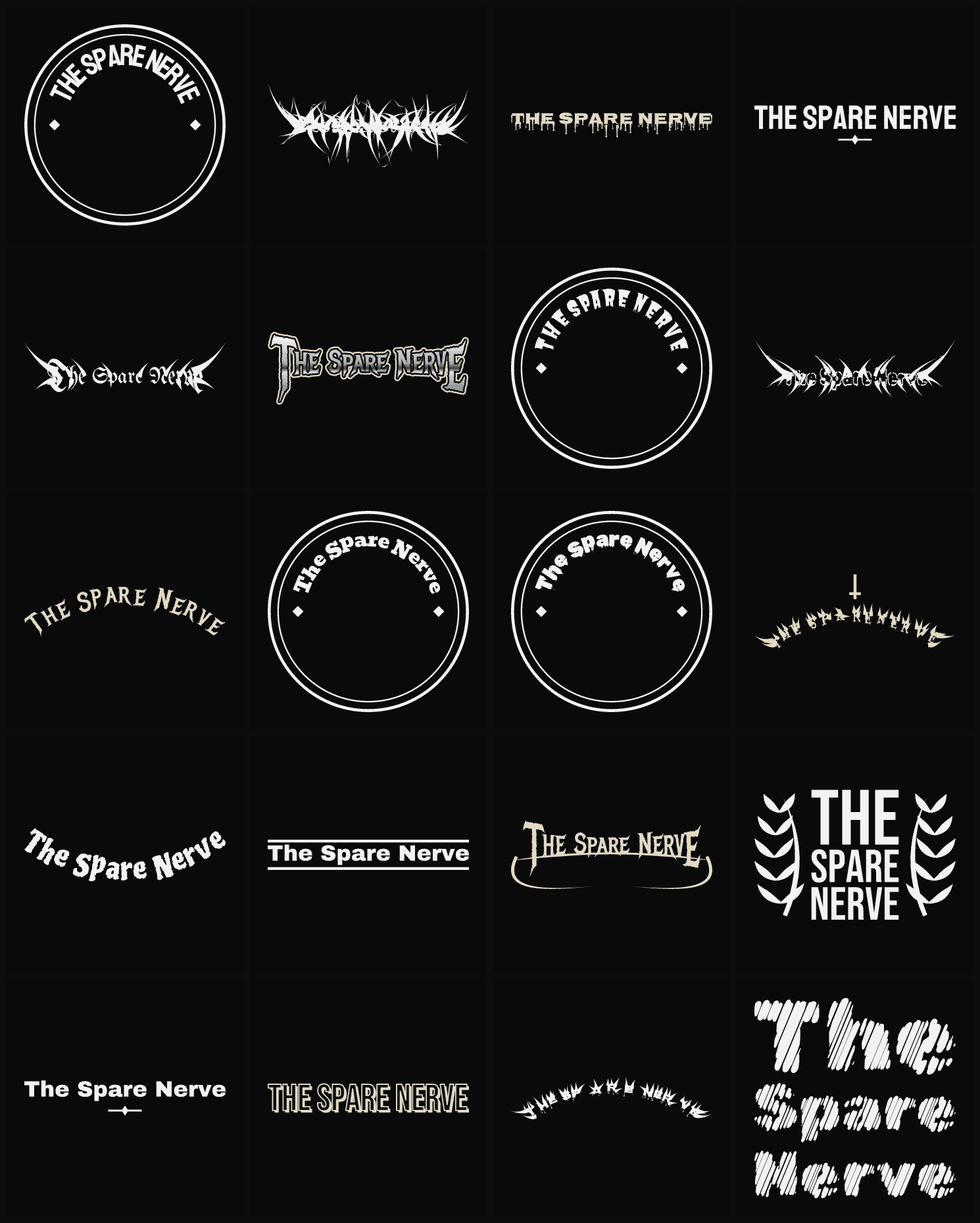 Twenty The Spare Nerve band logo ideas — different faces, treatments and spike settings
