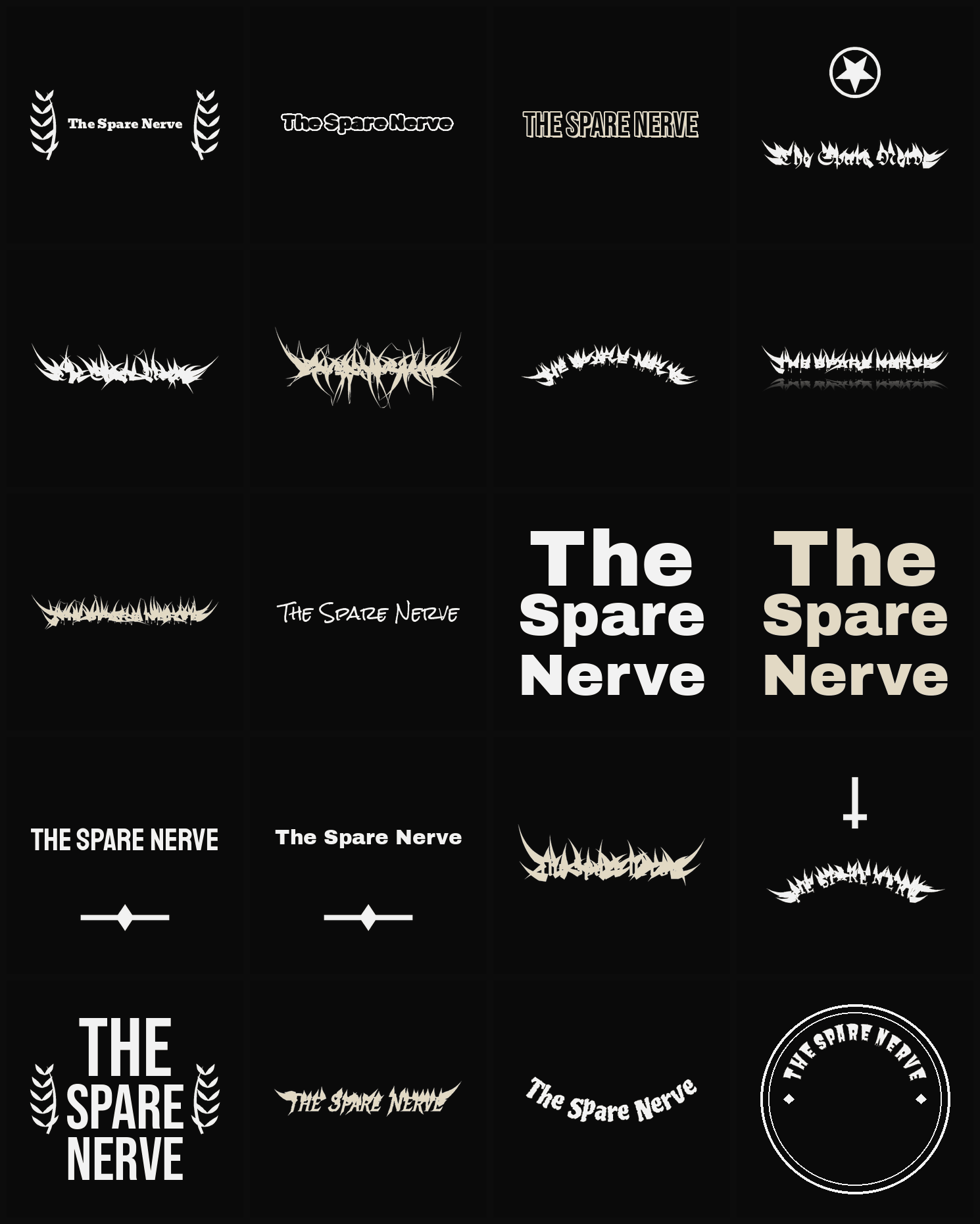 Twenty The Spare Nerve band logo ideas — different faces, treatments and spike settings