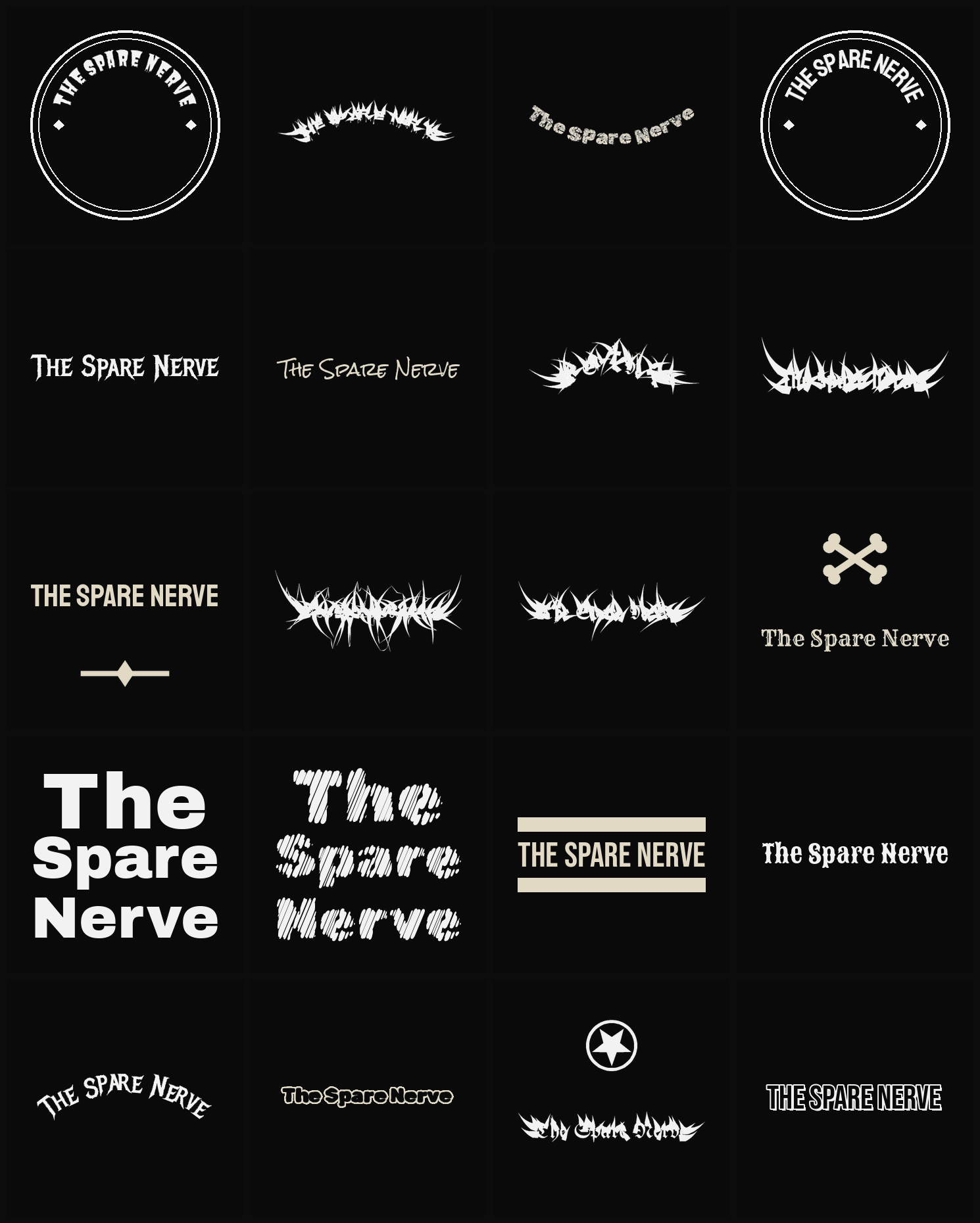 Twenty The Spare Nerve band logo ideas — different faces, treatments and spike settings