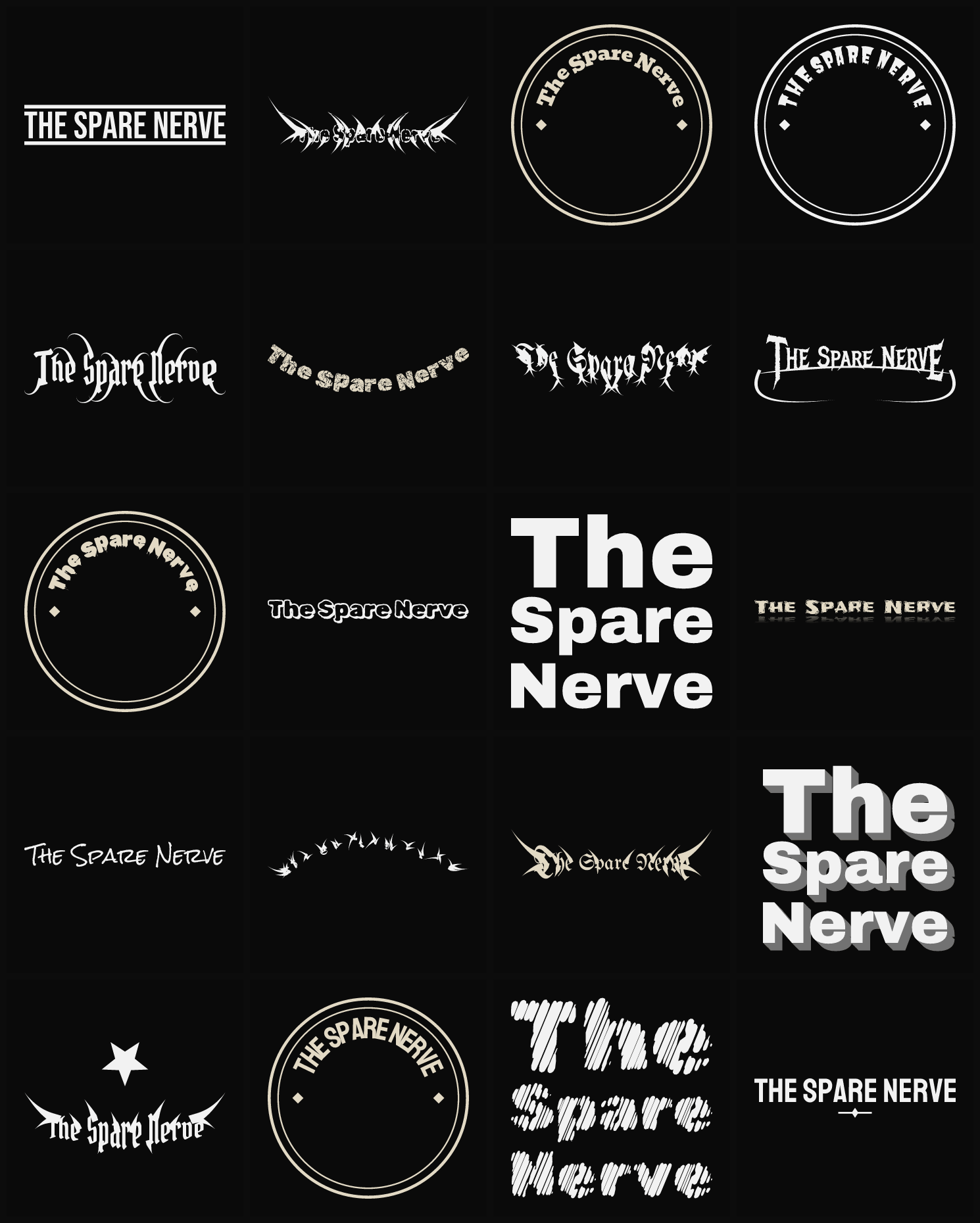 Twenty The Spare Nerve band logo ideas — different faces, treatments and spike settings