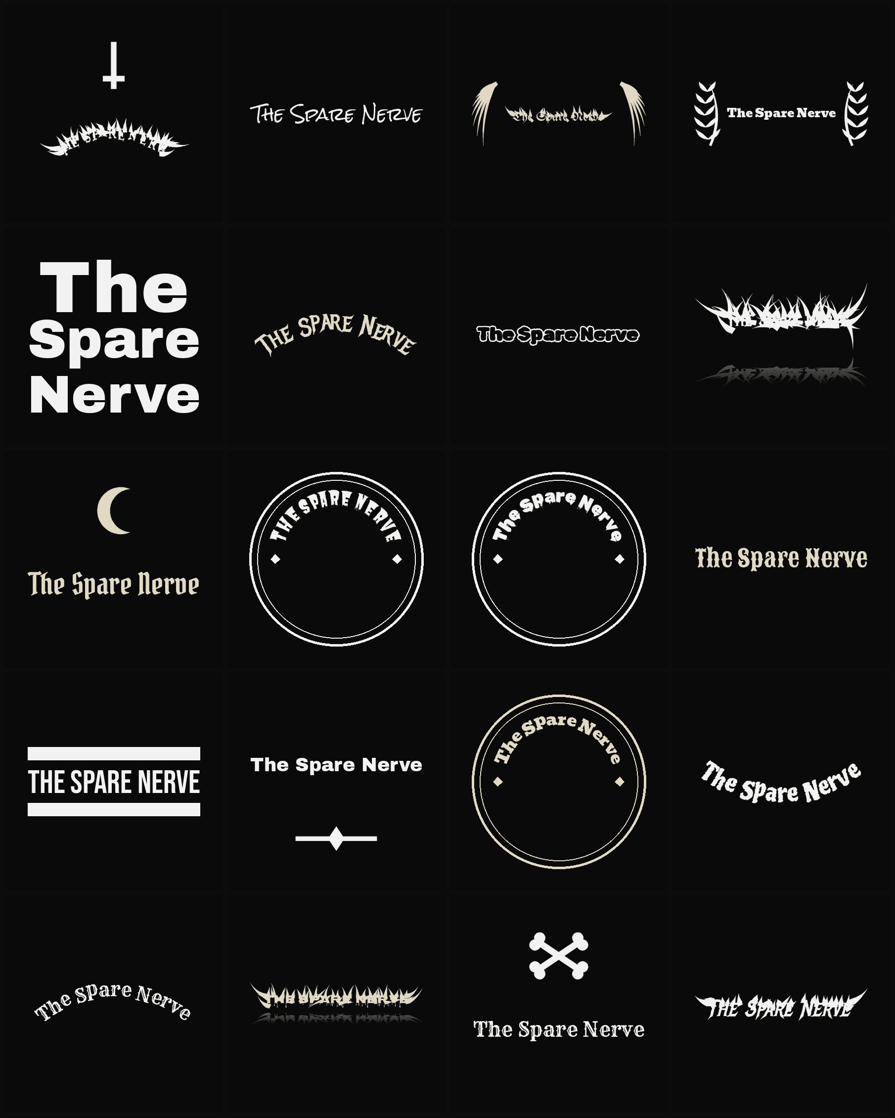 Twenty The Spare Nerve band logo ideas — different faces, treatments and spike settings